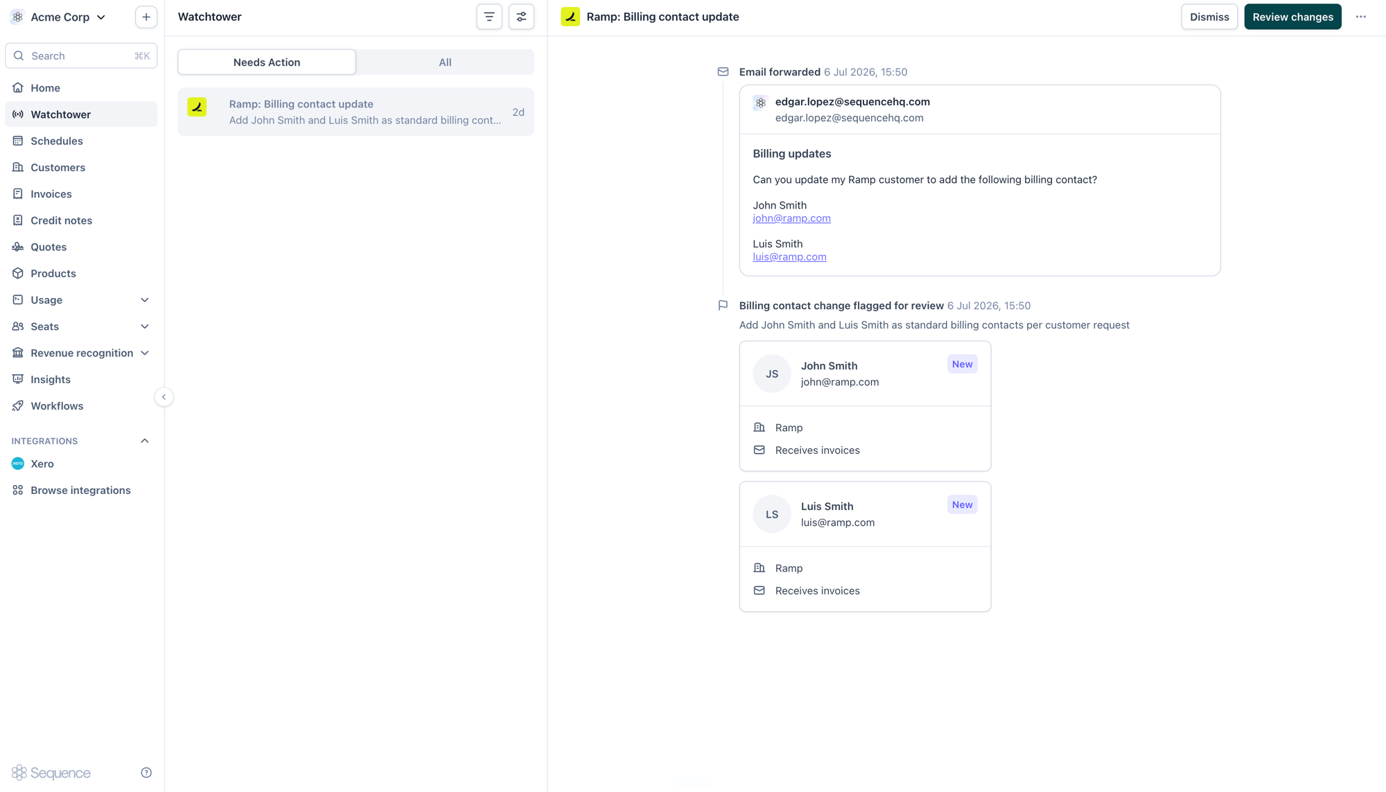 Billing contact change flagged for review with source email