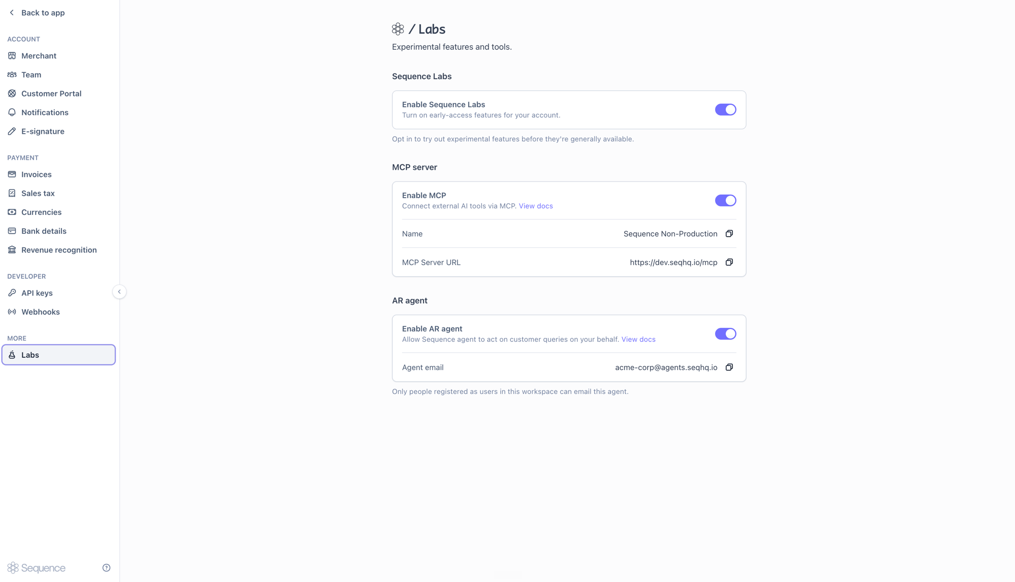 Enabling the AR agent in Settings > Labs