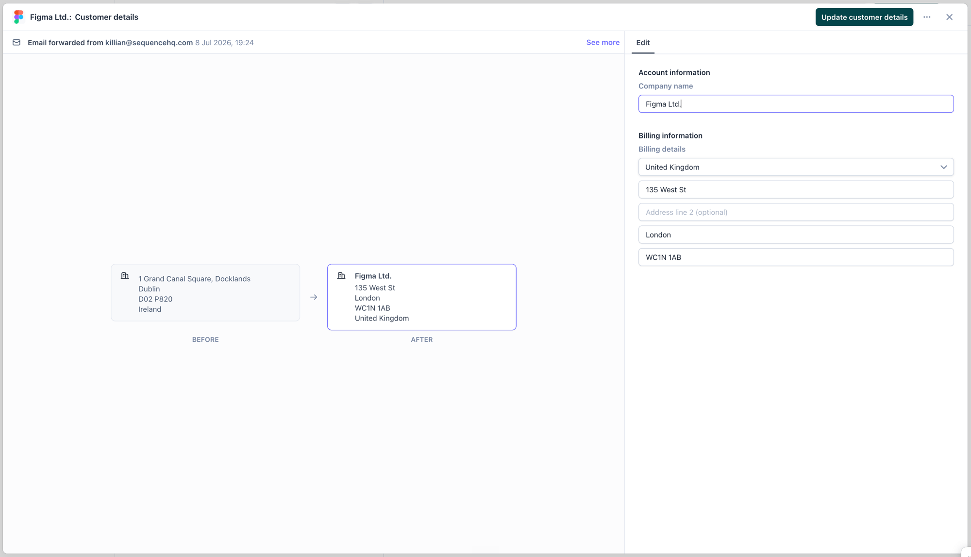 Before and after comparison of a customer detail change