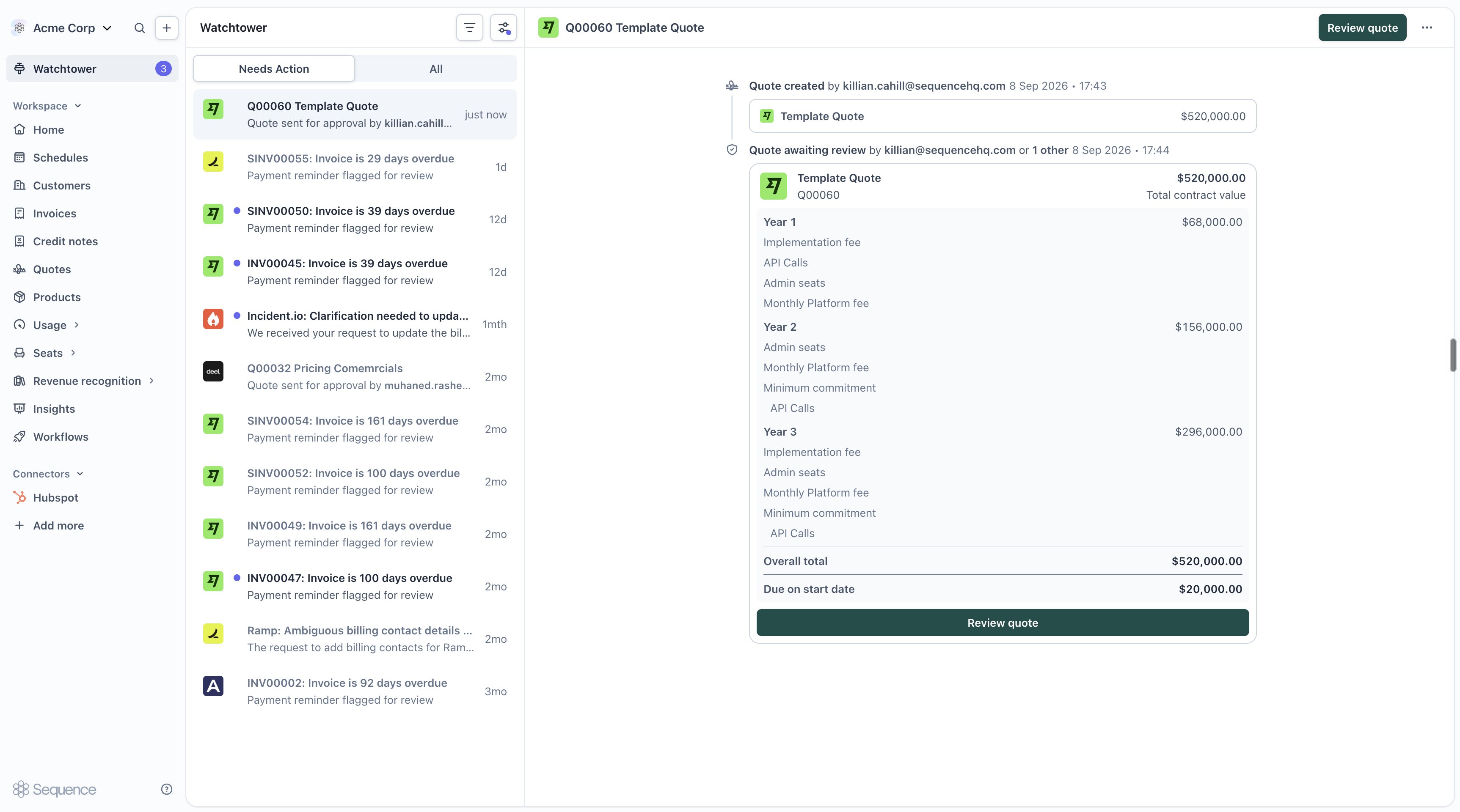 Quote awaiting approval, shown in Watchtower