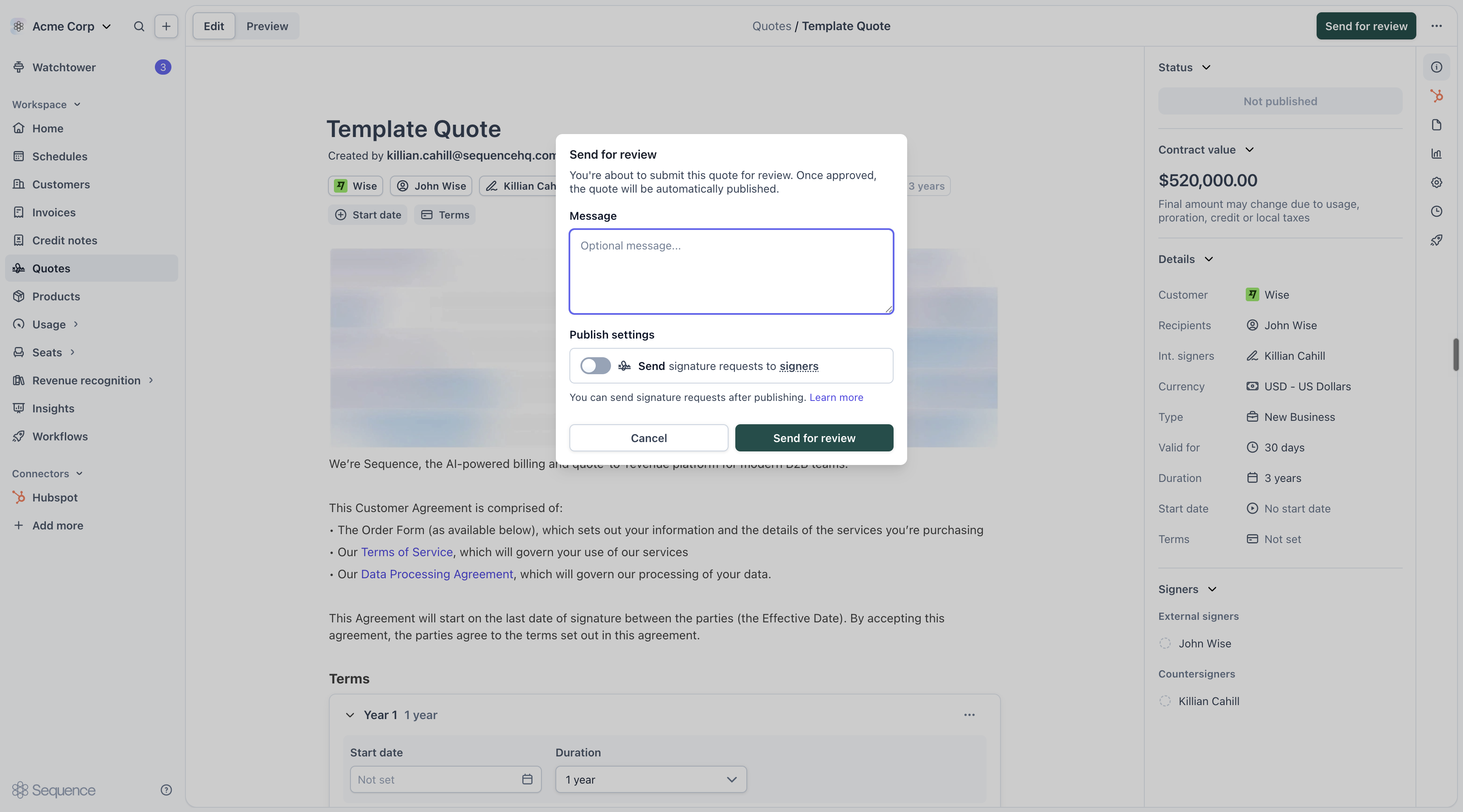 Send for review modal on quote publish