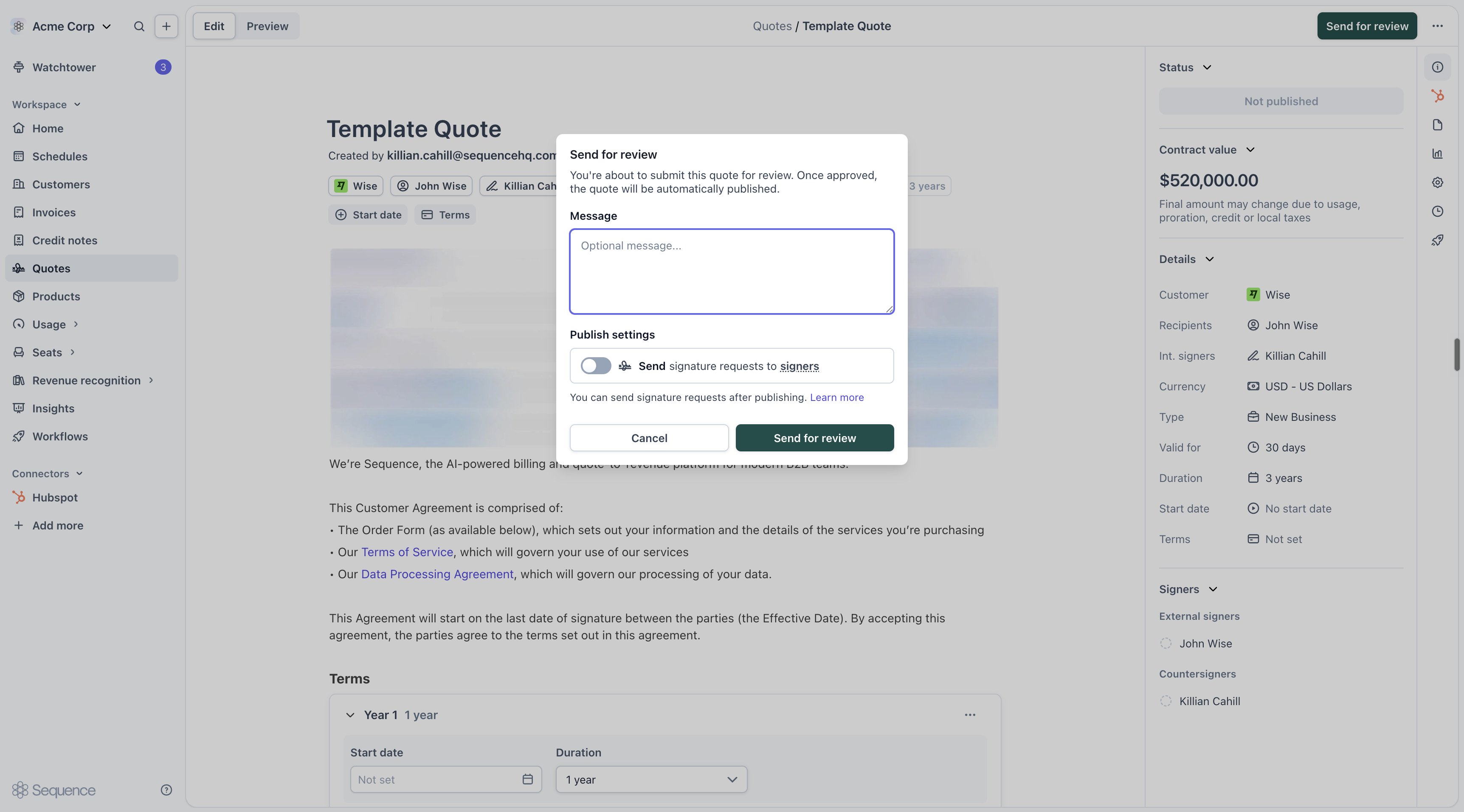 Send for review modal on quote publish