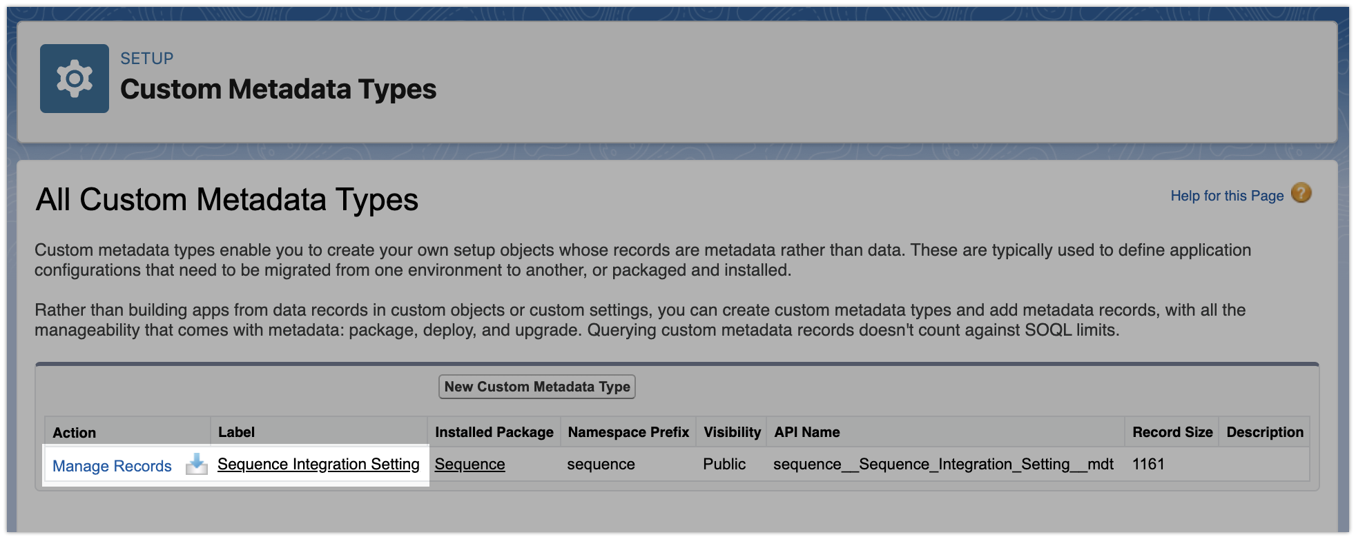Manage custom metadata type