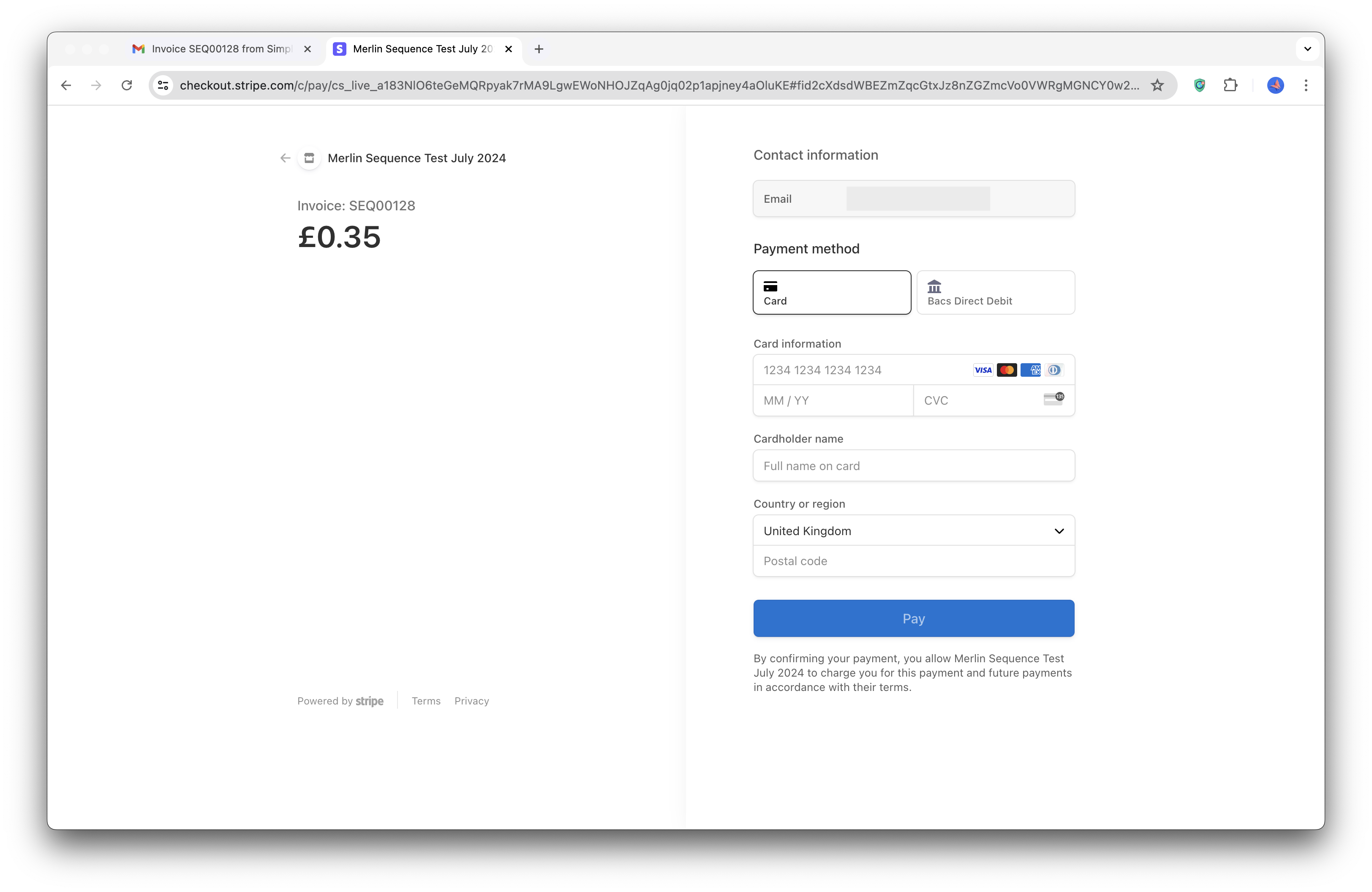 Stripe checkout page