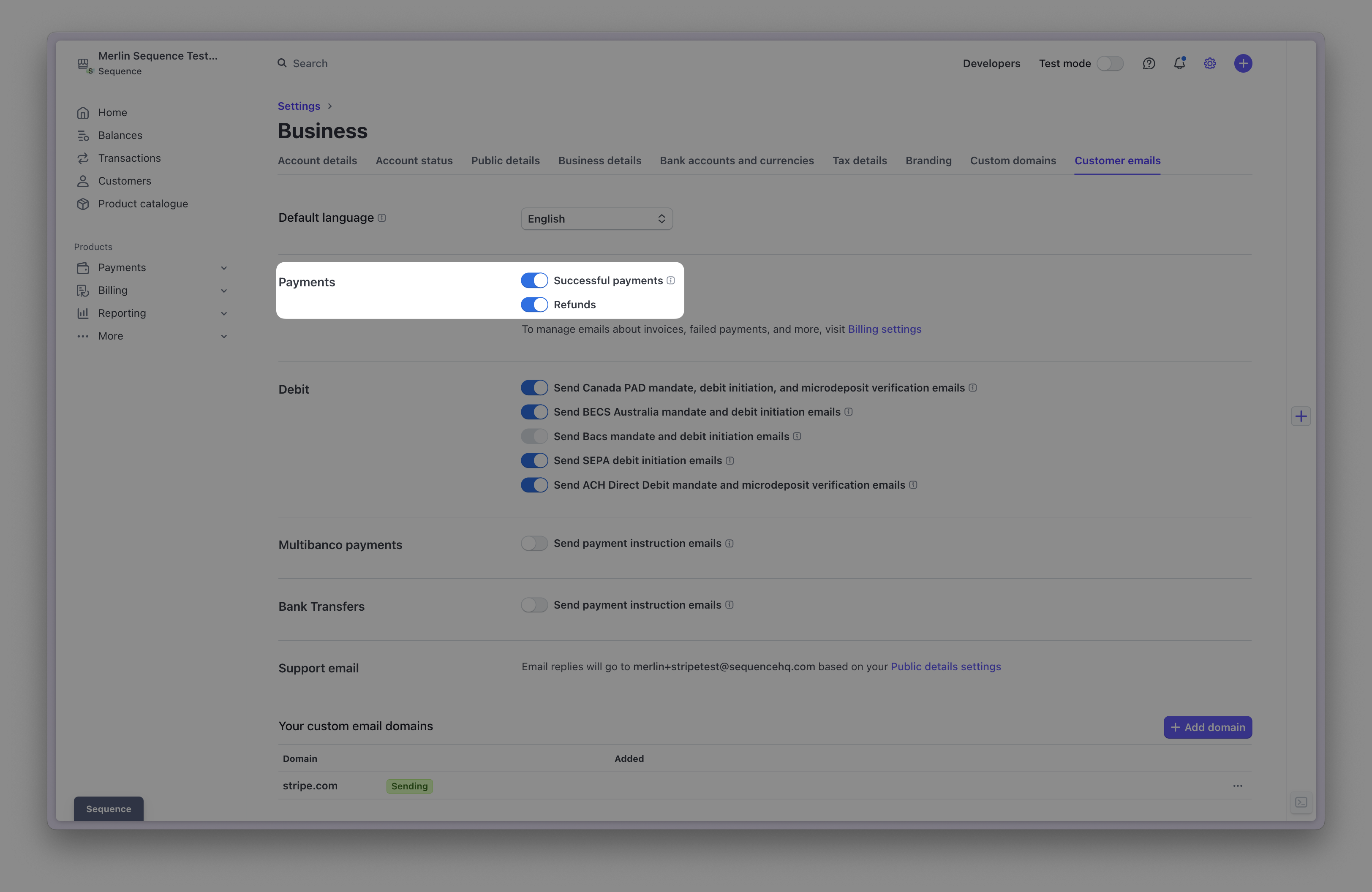 Stripe email settings