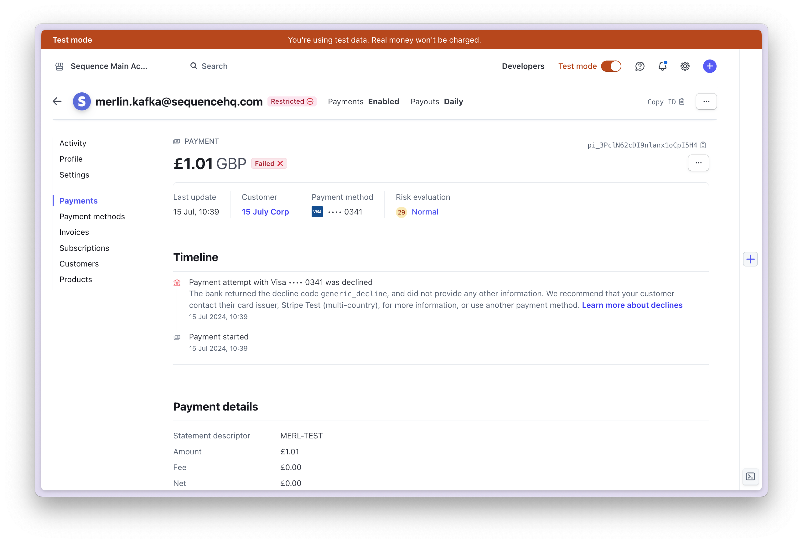 Failed payment in Stripe dashboard