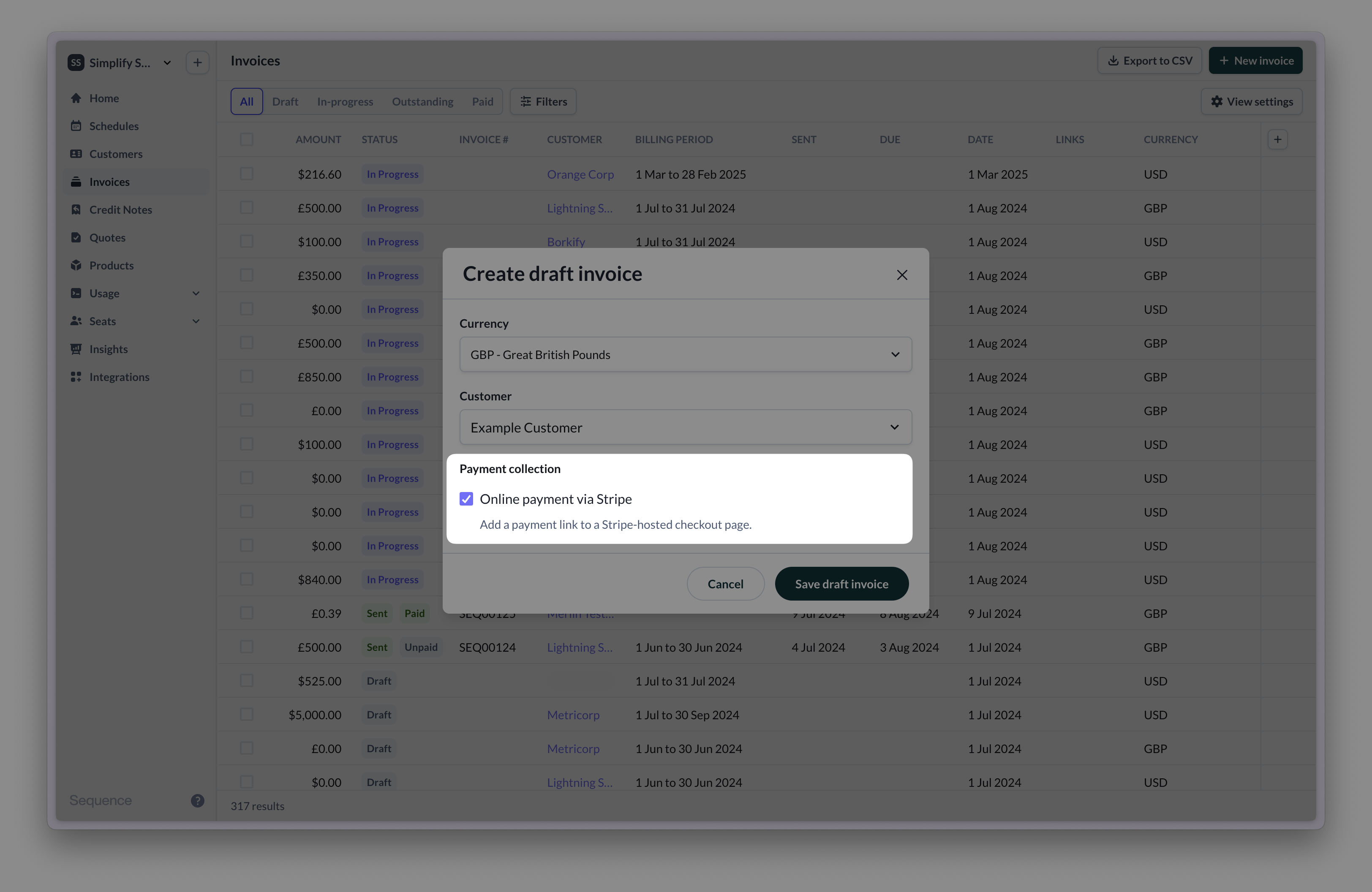 Payment link for one time invoice