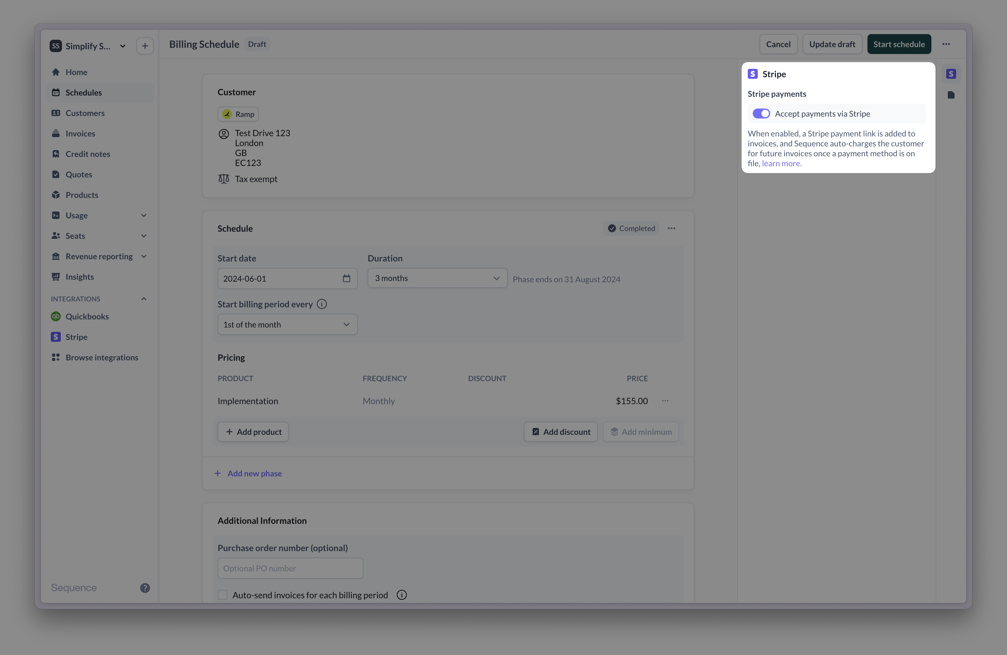 Payment link for billing schedule invoices