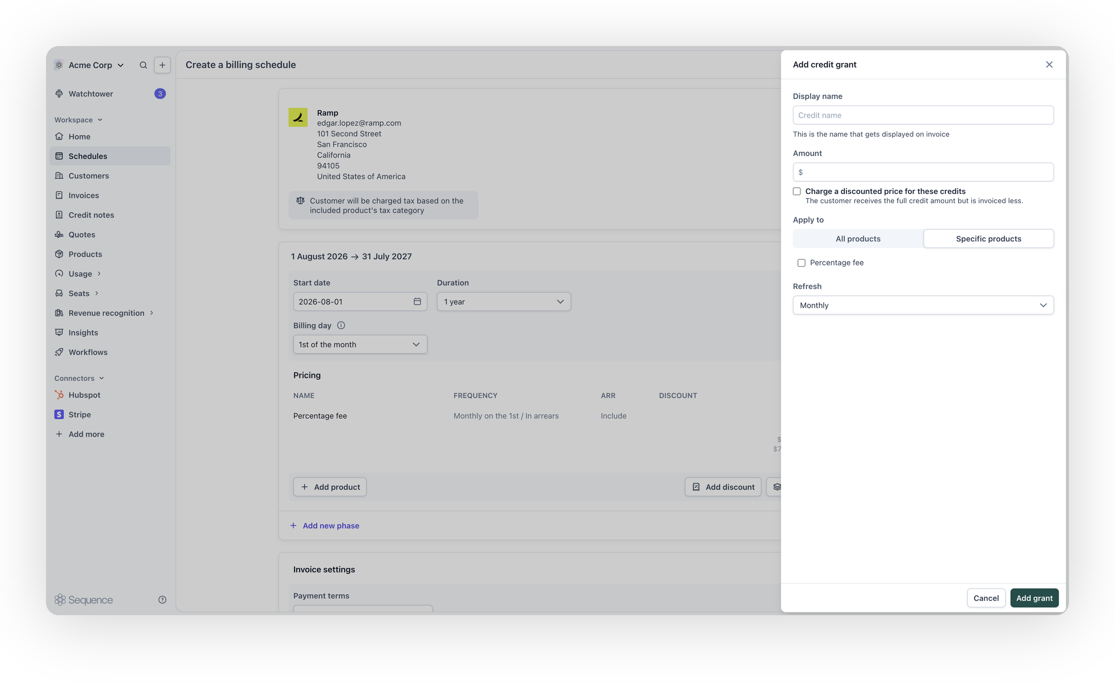 Adding a credit grant to a billing schedule phase