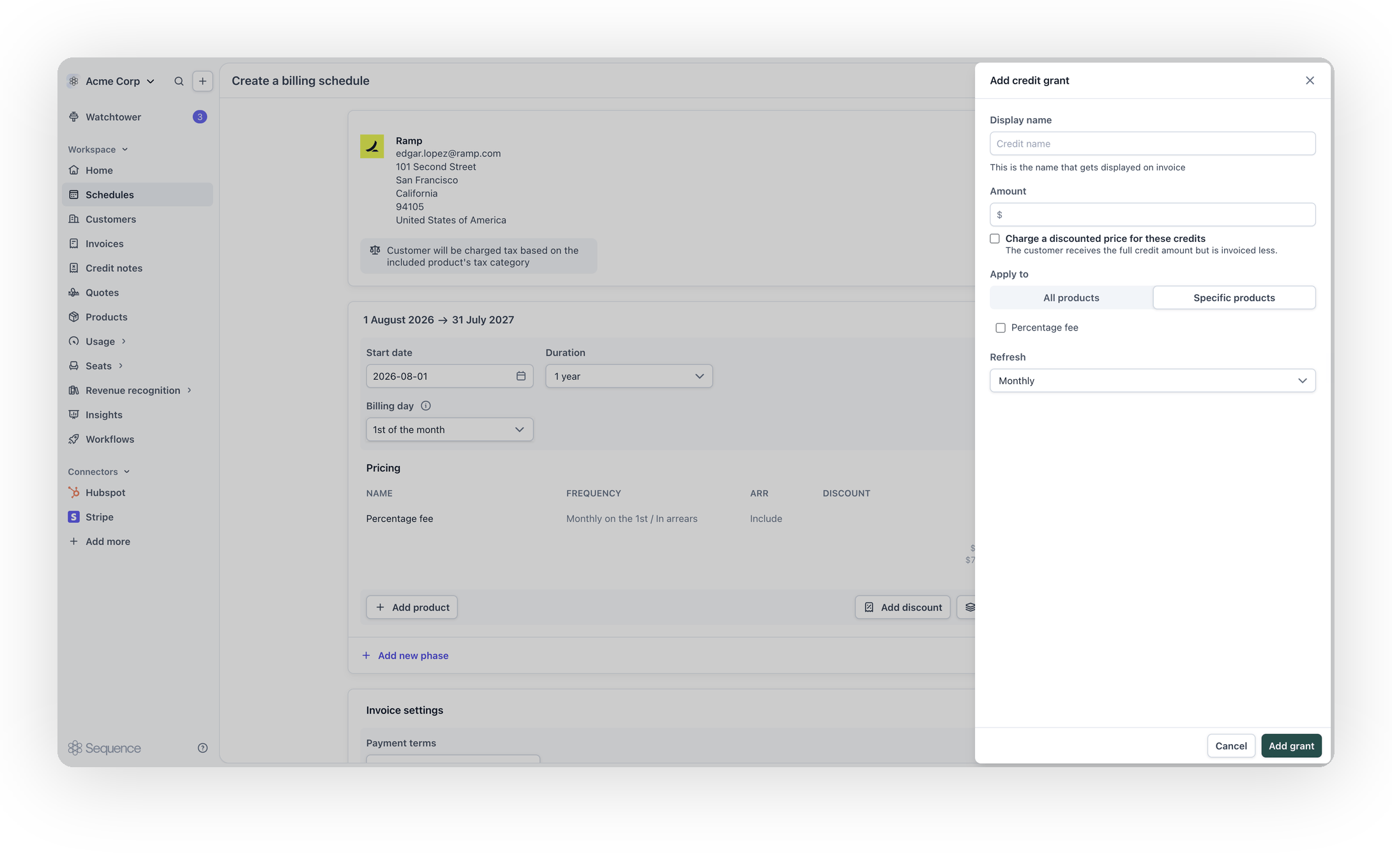 Adding a credit grant to a billing schedule phase
