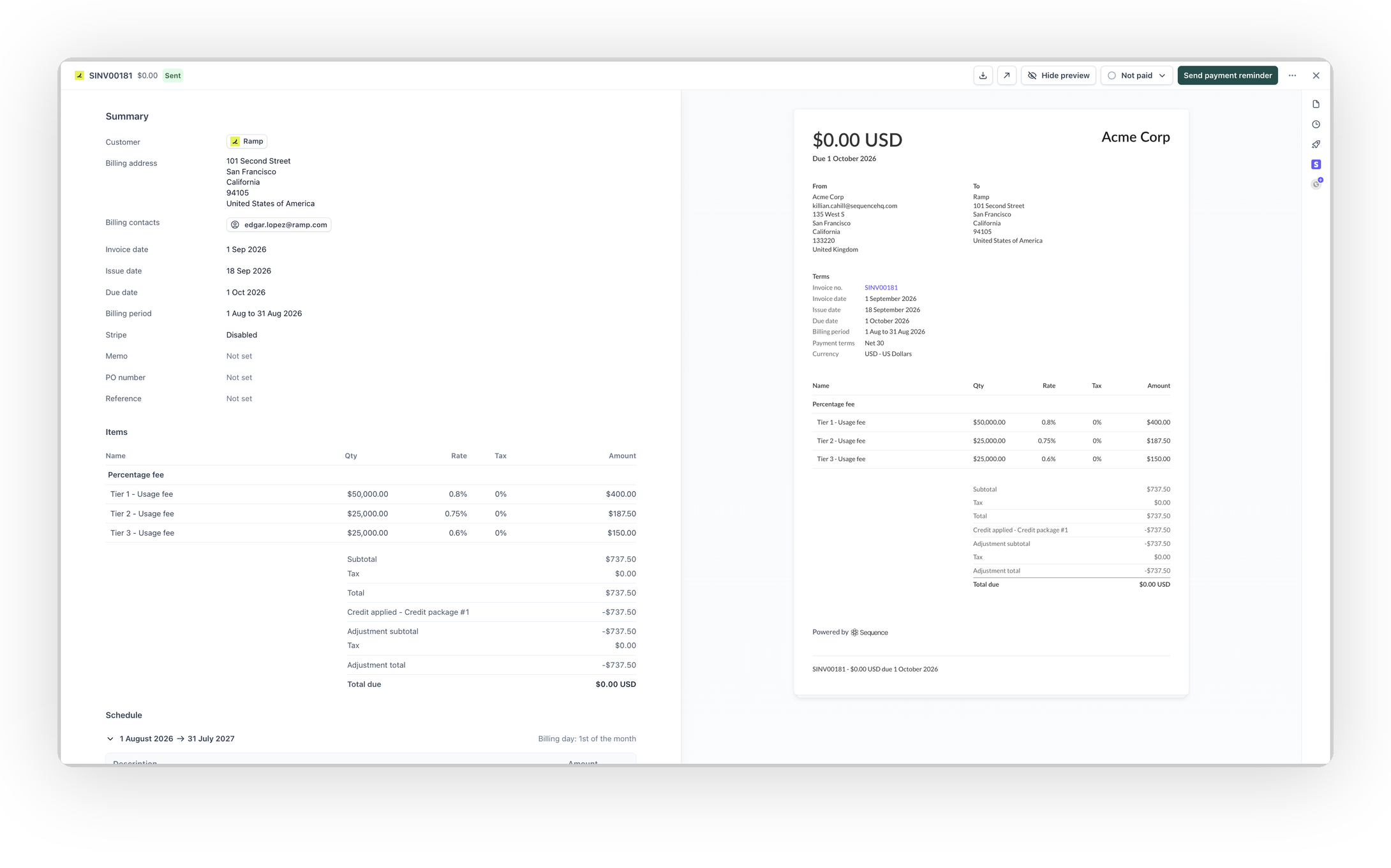 An invoice showing an itemized credit applied row from a grant
