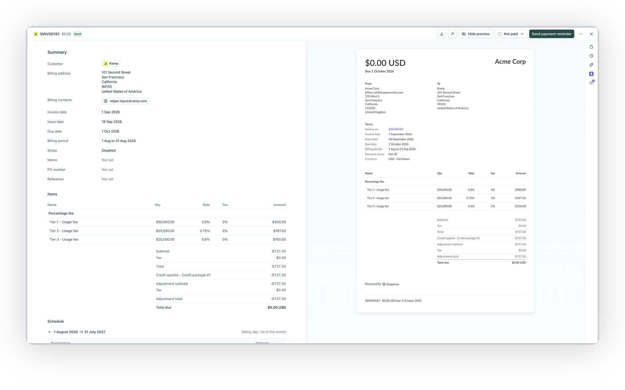 An invoice showing an itemized credit applied row from a grant