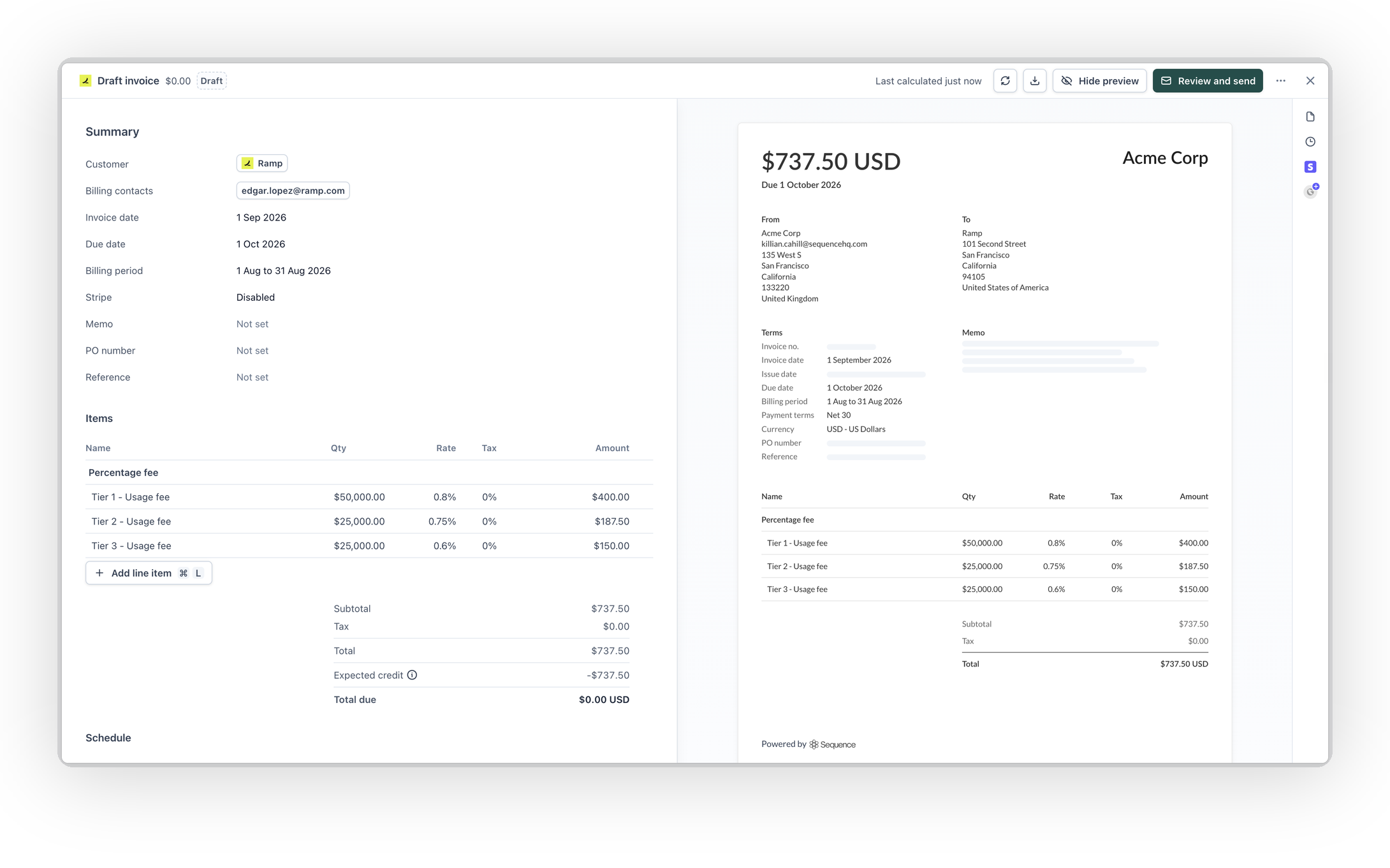 Draft invoice showing an Expected credit row that offsets the total due to zero