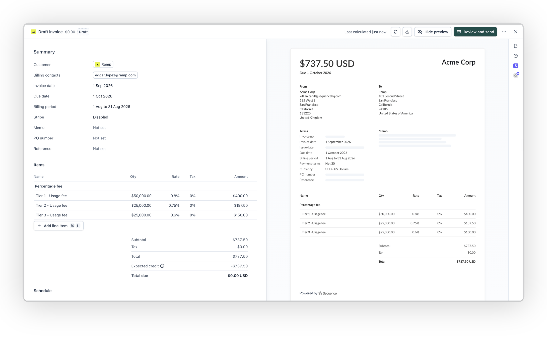 Draft invoice showing an Expected credit row that offsets the total due to zero