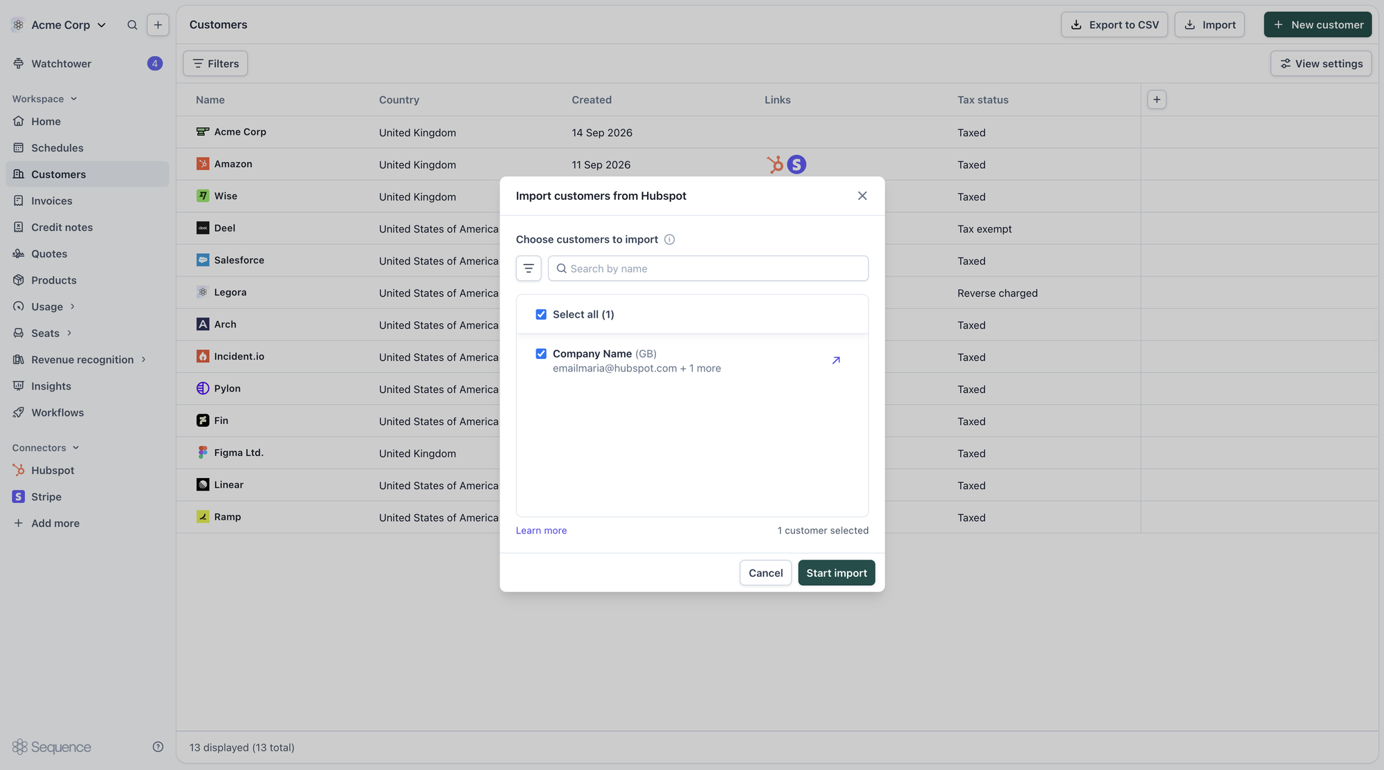 Importing customers from HubSpot, with a company row showing its contact emails
