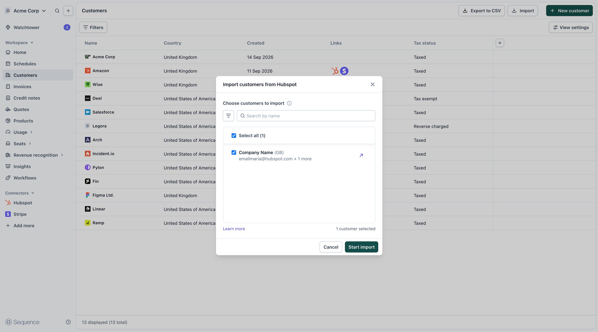 Importing customers from HubSpot, with a company row showing its contact emails