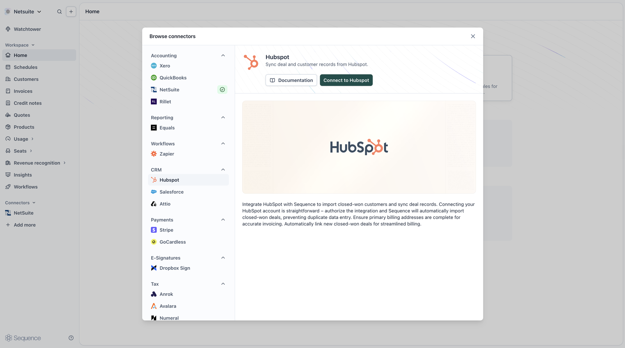 The HubSpot connector card in the Connectors browse modal