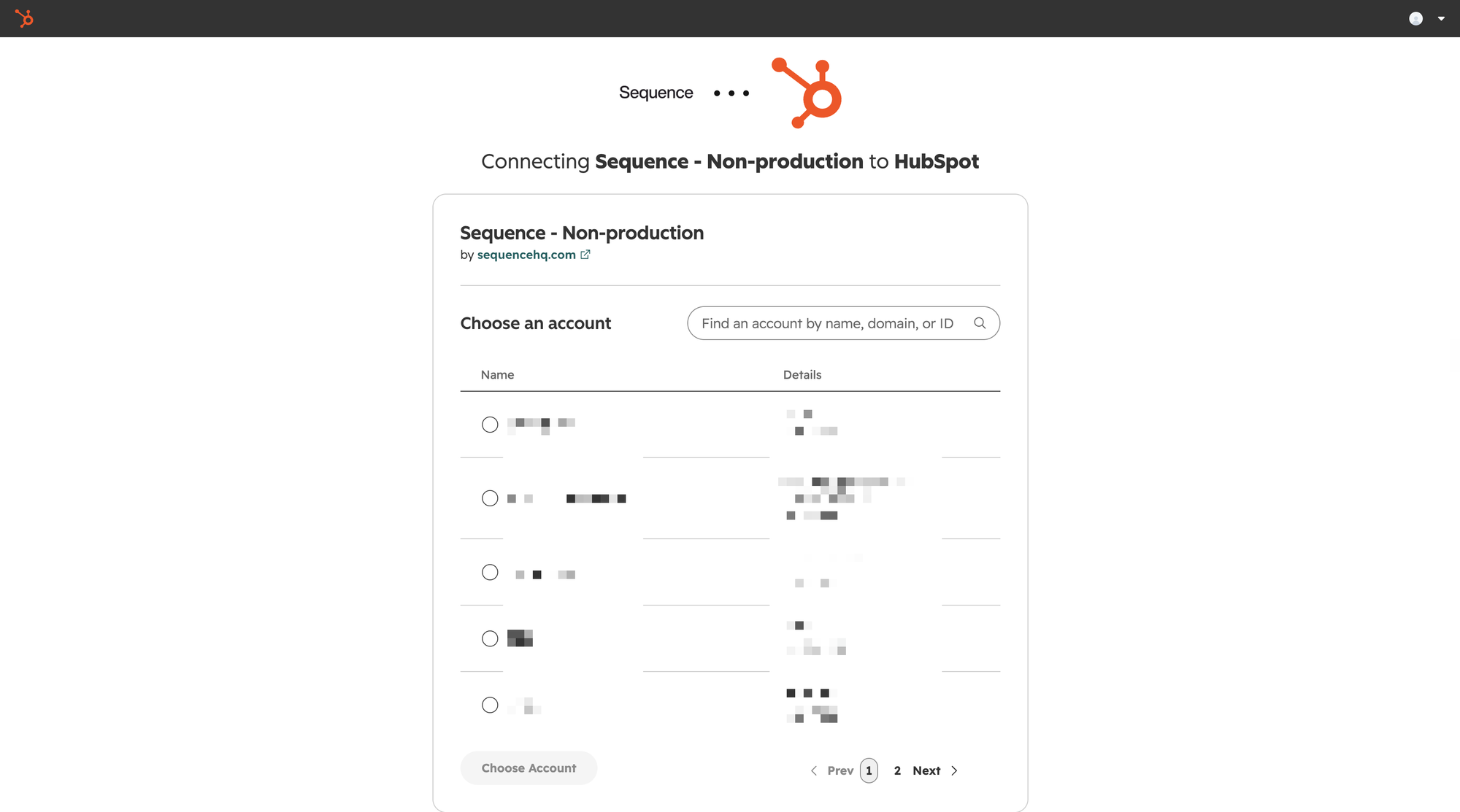 Choosing a HubSpot account to connect to Sequence