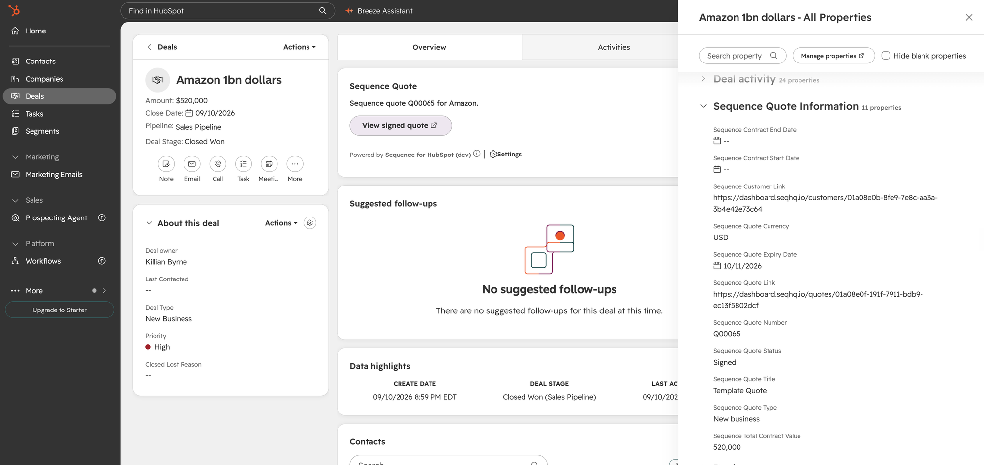 Sequence Quote Information properties on a HubSpot deal's All Properties panel