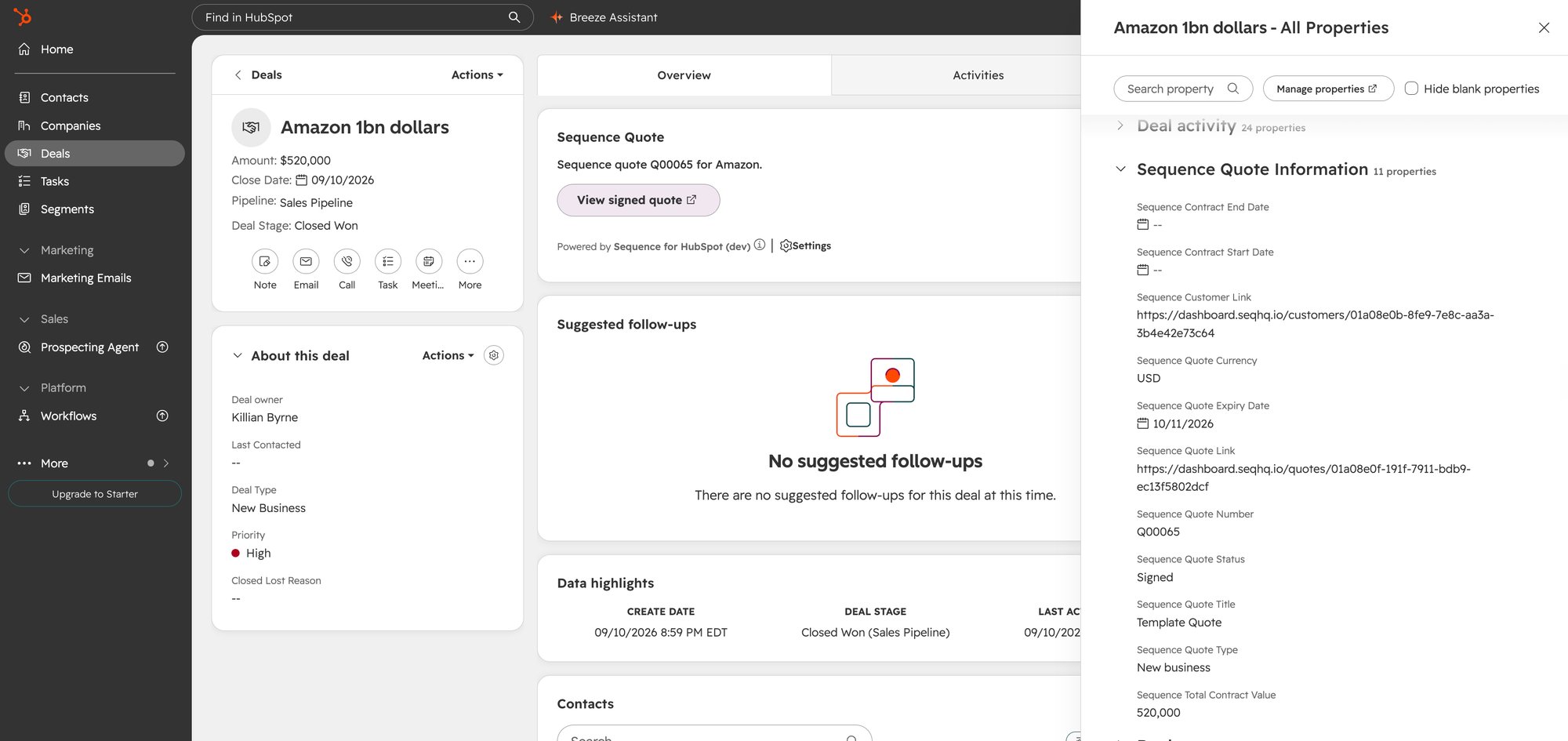Sequence Quote Information properties on a HubSpot deal's All Properties panel
