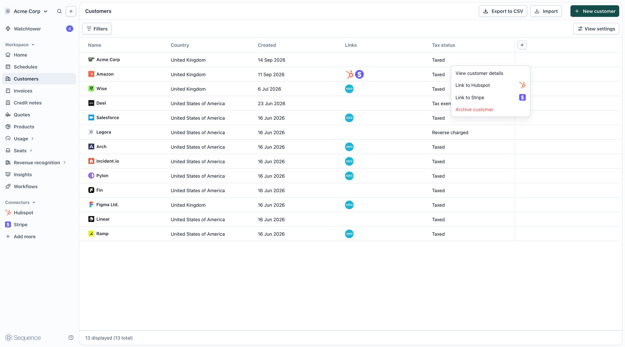 Choosing Link to Hubspot from a customer's row menu