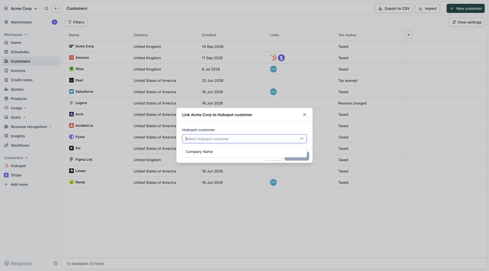 Selecting a HubSpot customer to link to