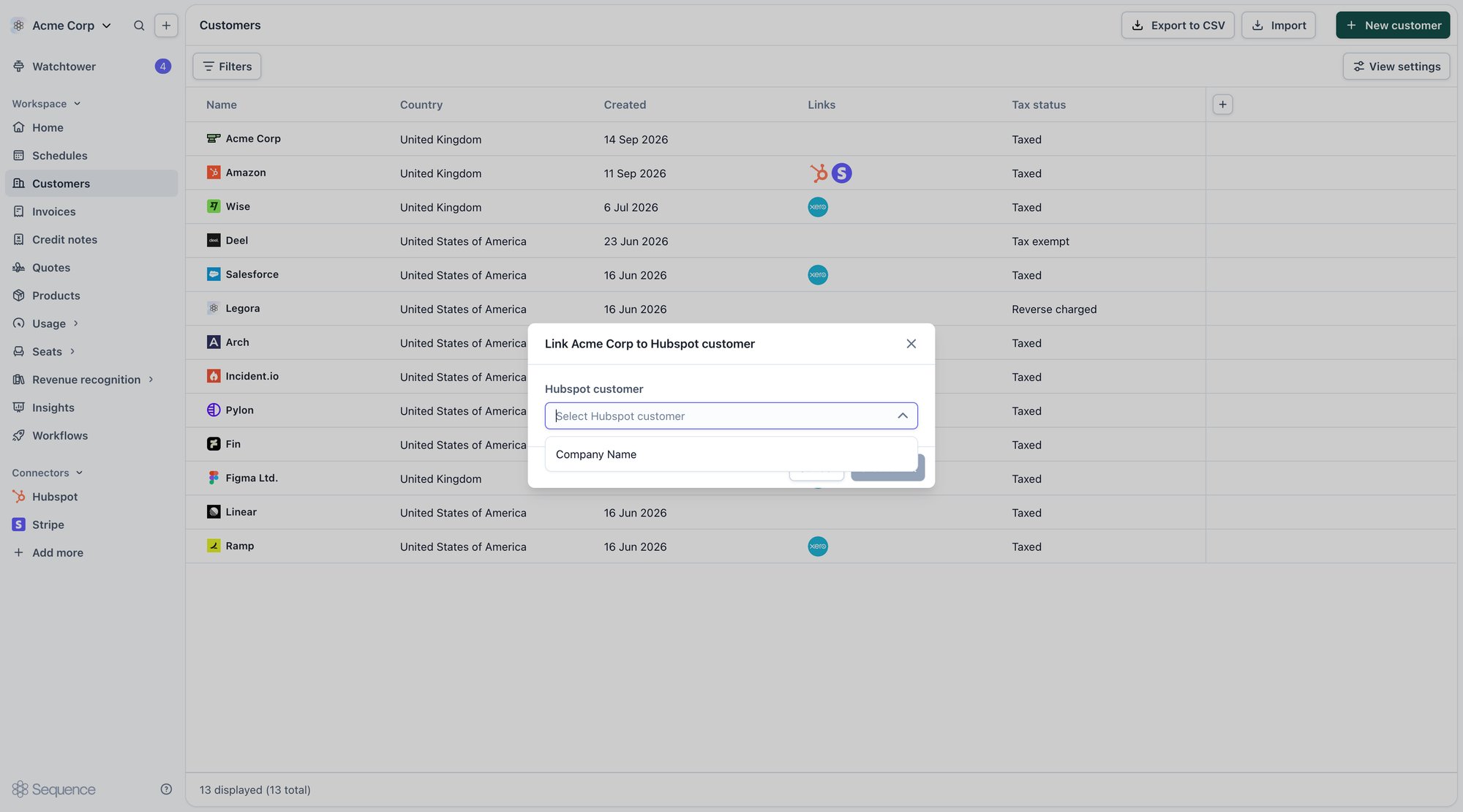 Selecting a HubSpot customer to link to