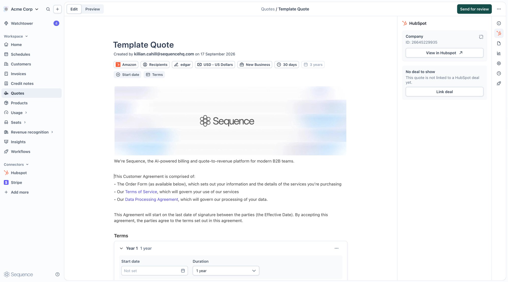 The HubSpot inspector item on a quote not yet linked to a deal