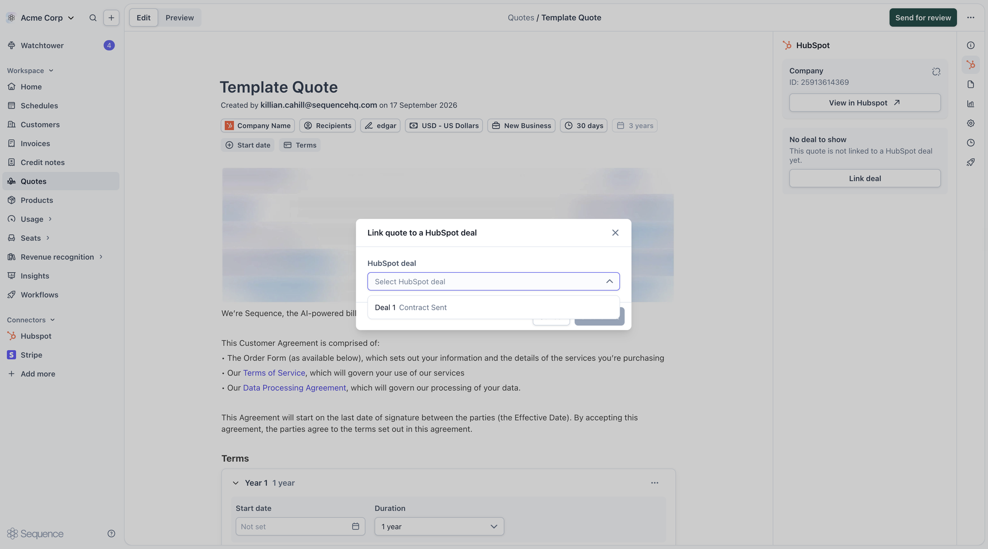 Selecting a HubSpot deal to link to a quote