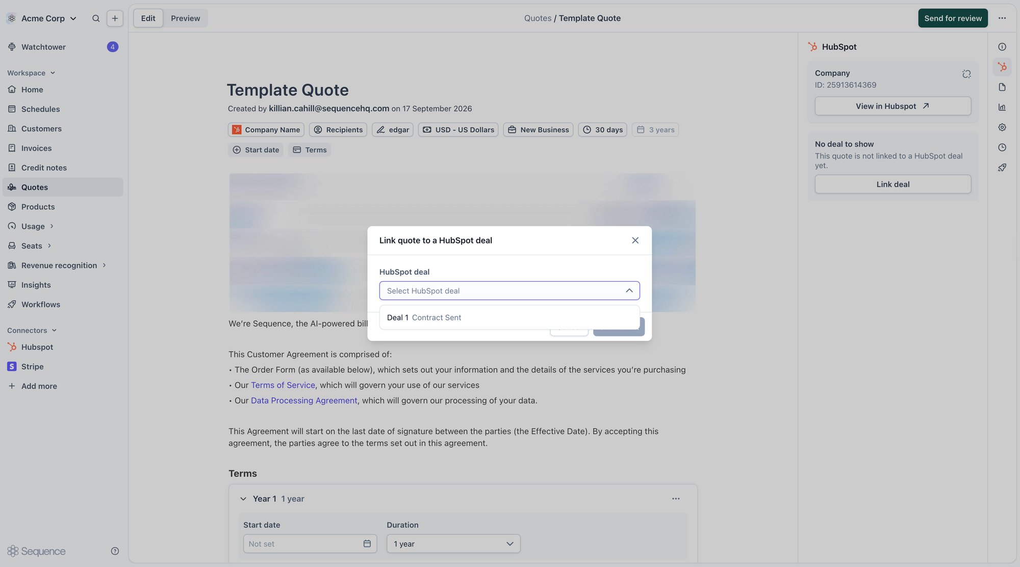 Selecting a HubSpot deal to link to a quote