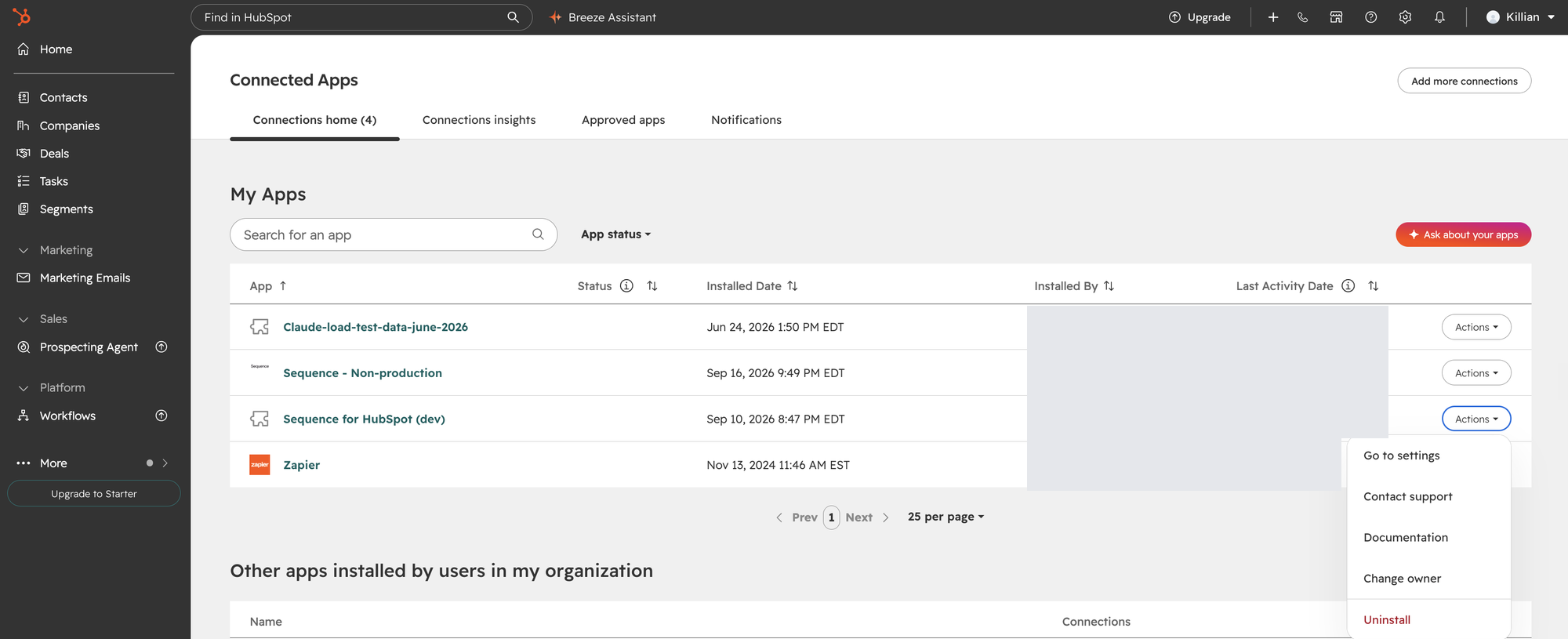 Uninstalling Sequence from HubSpot's Connected Apps page