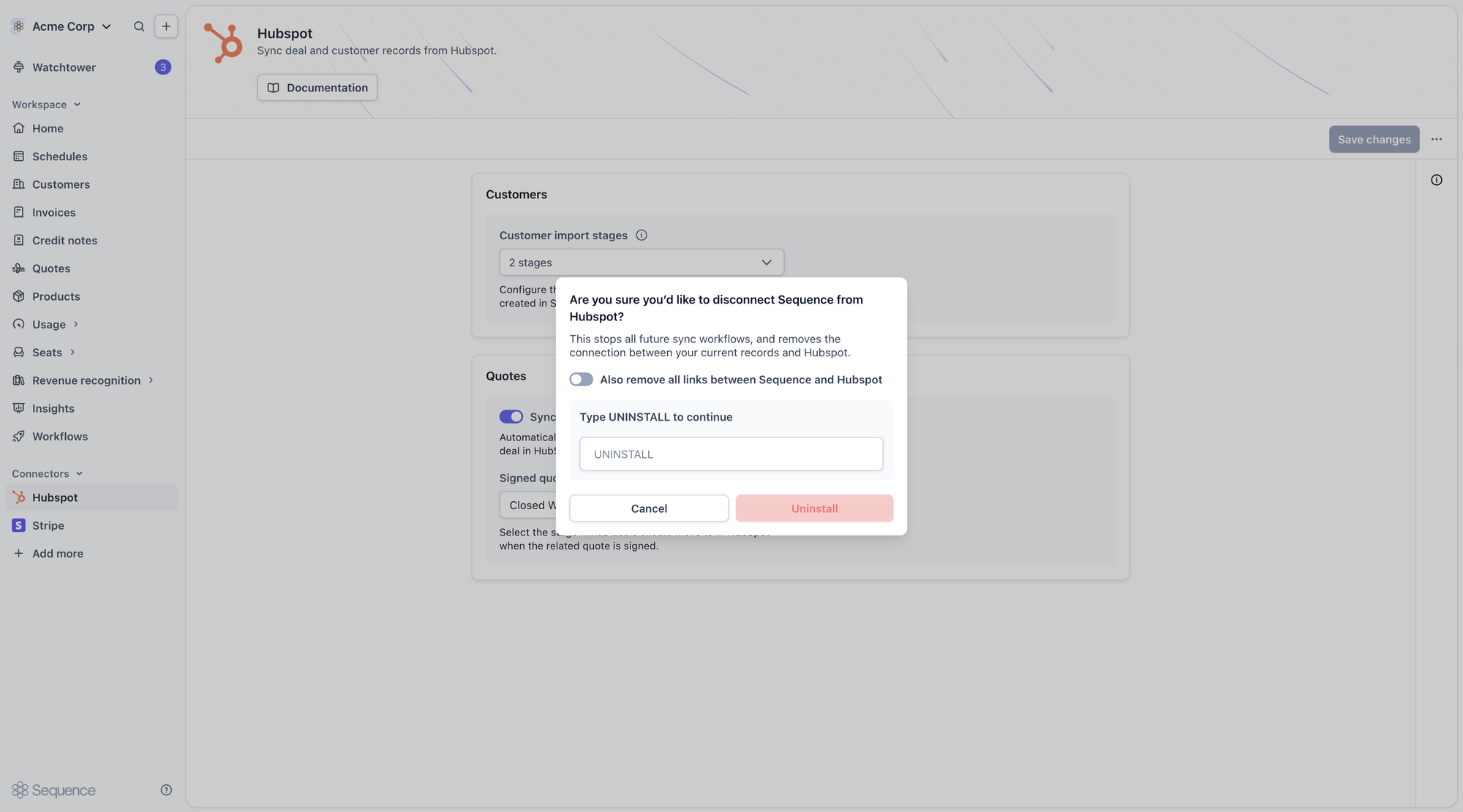 Confirming disconnection of the HubSpot connector in Sequence