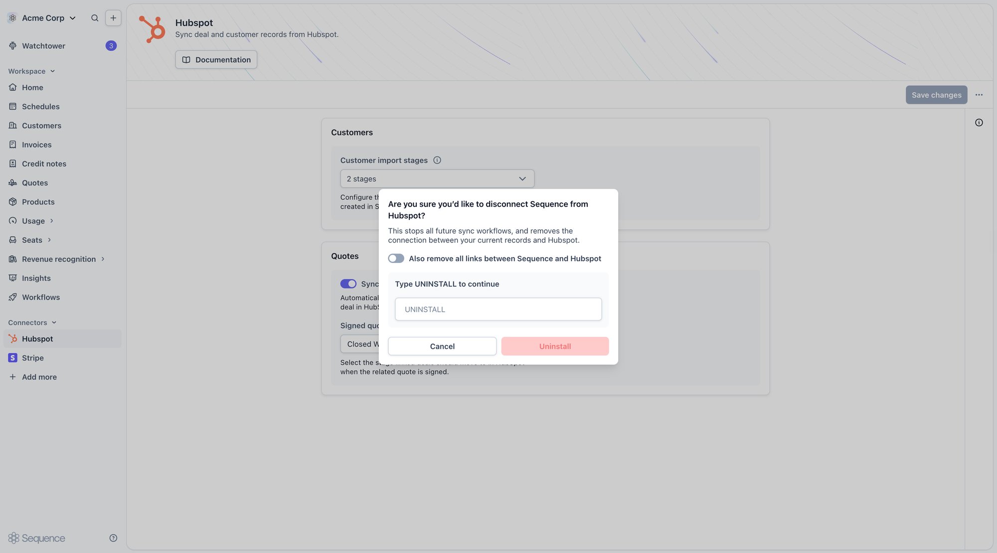 Confirming disconnection of the HubSpot connector in Sequence