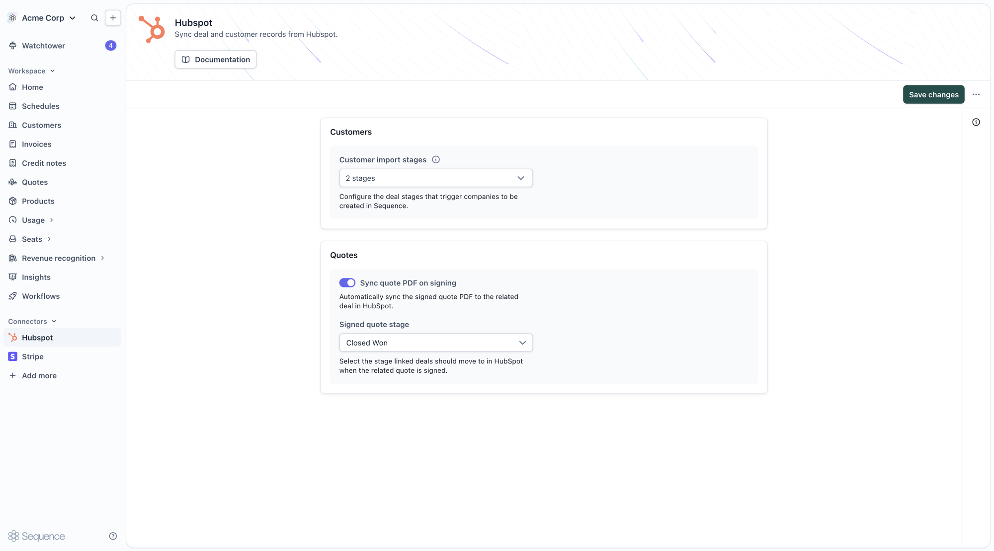 HubSpot connector settings, showing customer import stages, signed quote stage, and the PDF sync toggle