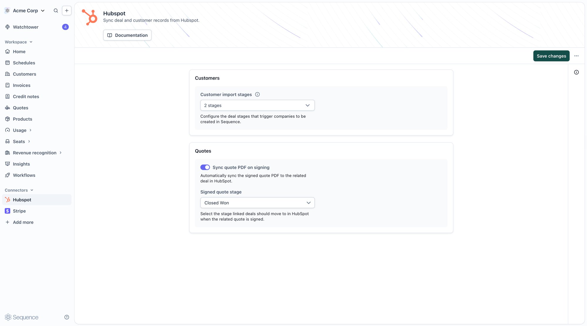 HubSpot connector settings, showing customer import stages, signed quote stage, and the PDF sync toggle