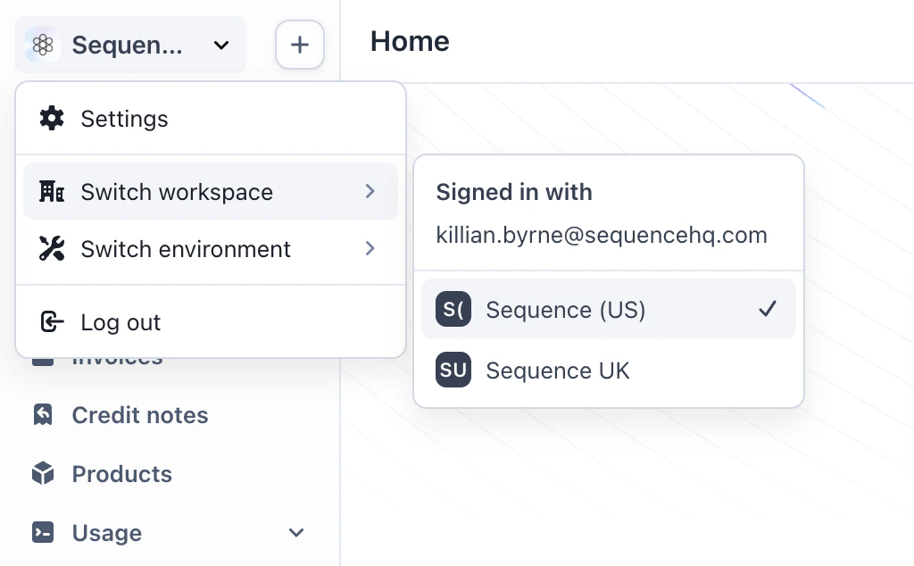 Switch workspace menu showing available legal entities