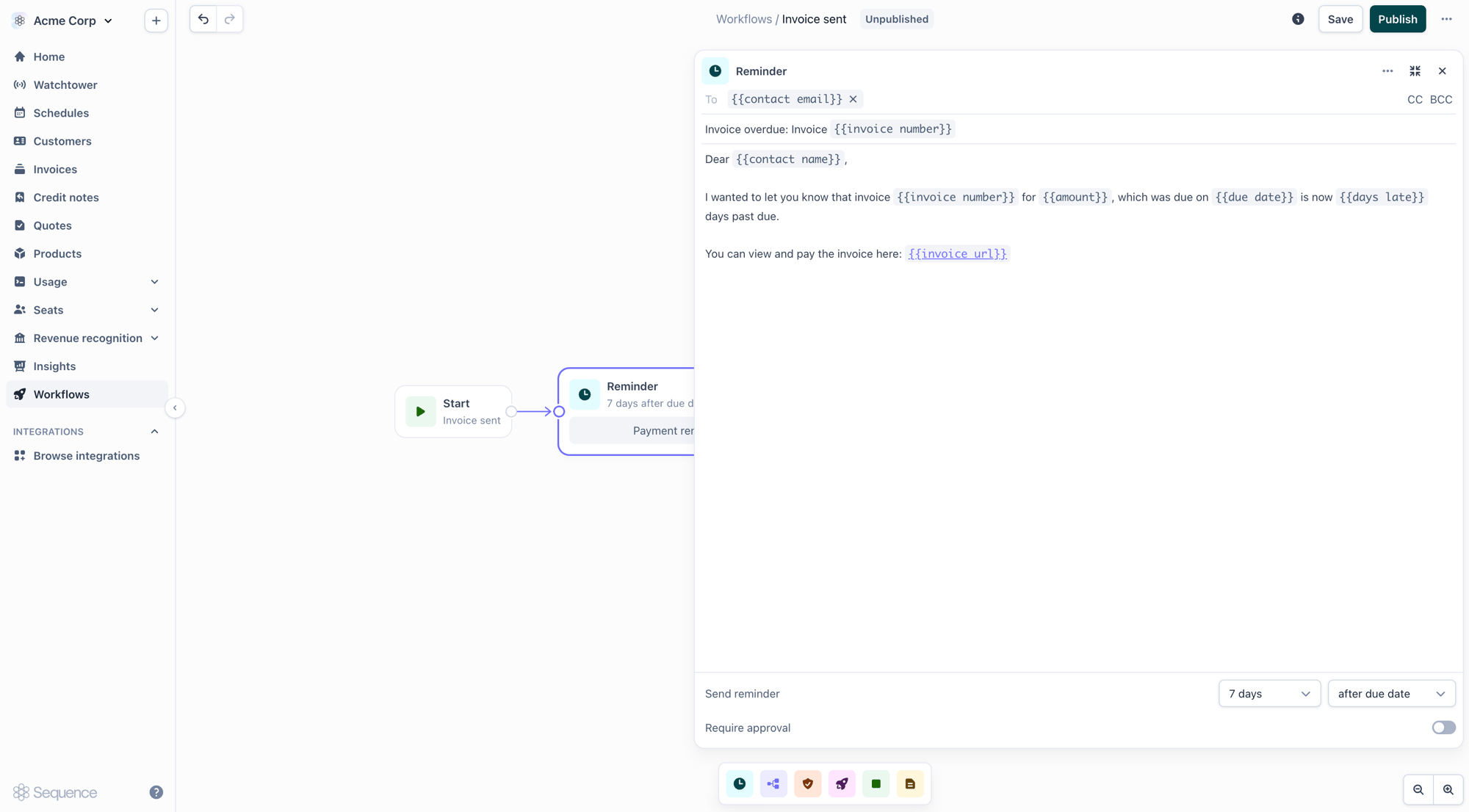 Reminder node configuration panel