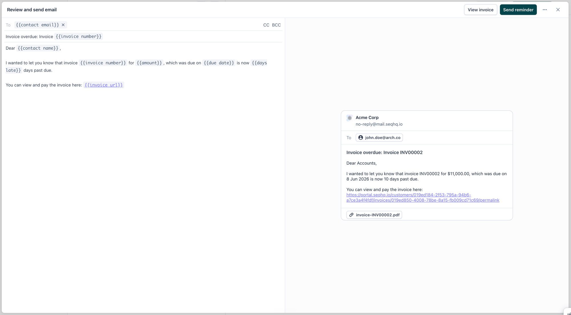 Reviewing and editing a reminder email before sending