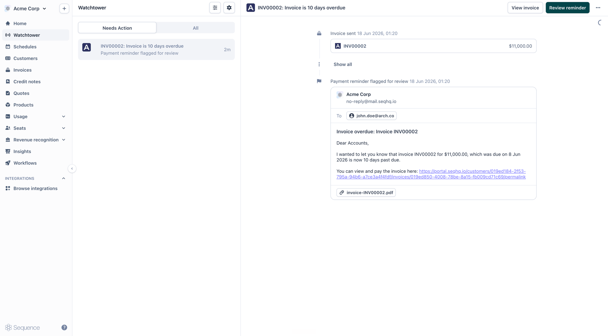 Payment reminder flagged for review in Watchtower