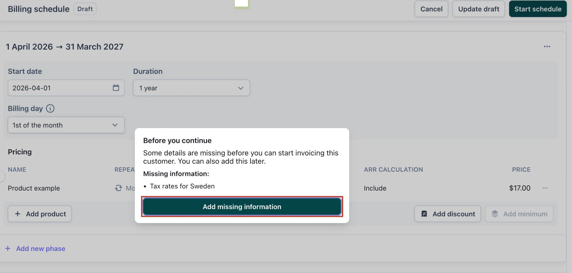 Tax rate prompt when creating a billing schedule