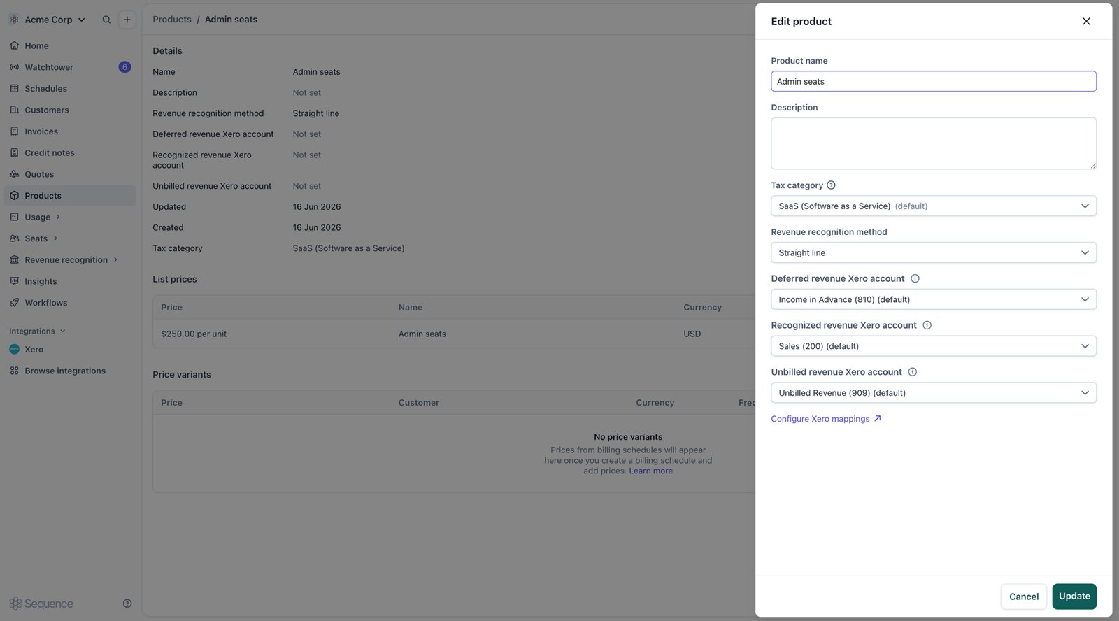 Per-product revenue recognition account mappings