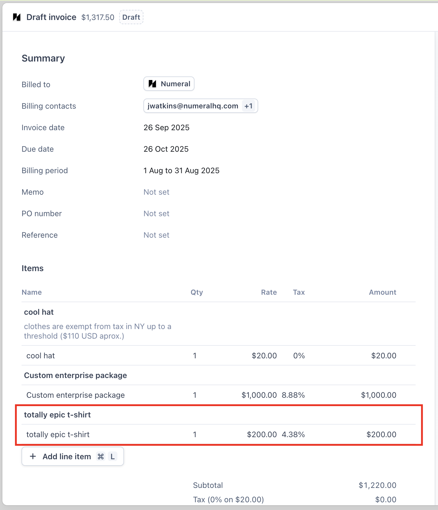 Invoice with Numeral tax calculation