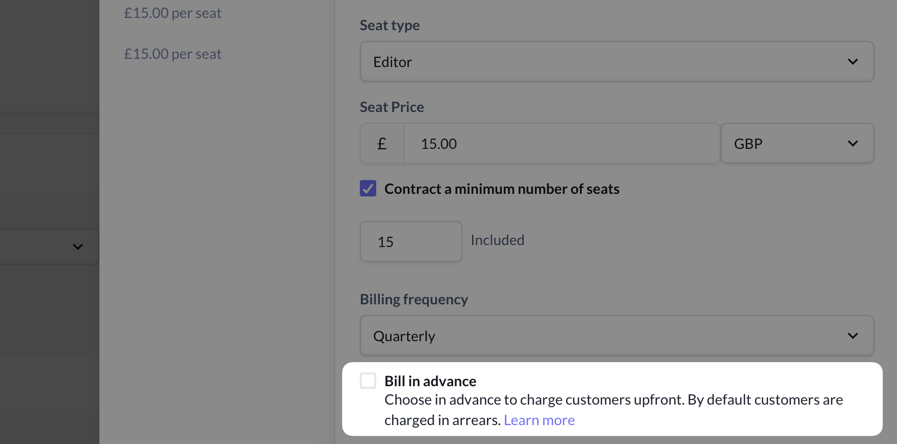 Advance or arrears seat-based billing
