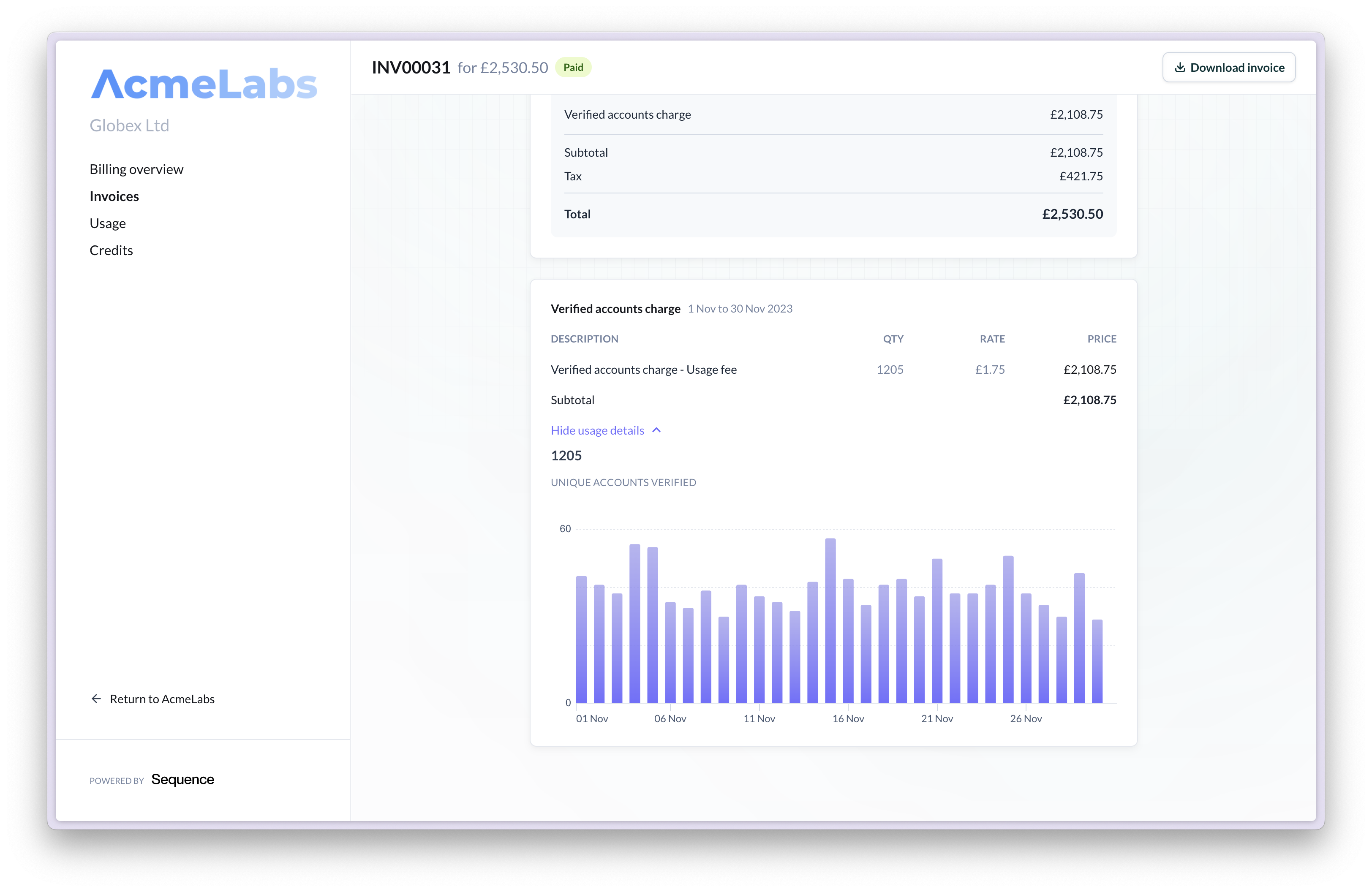 Usage overview on invoice