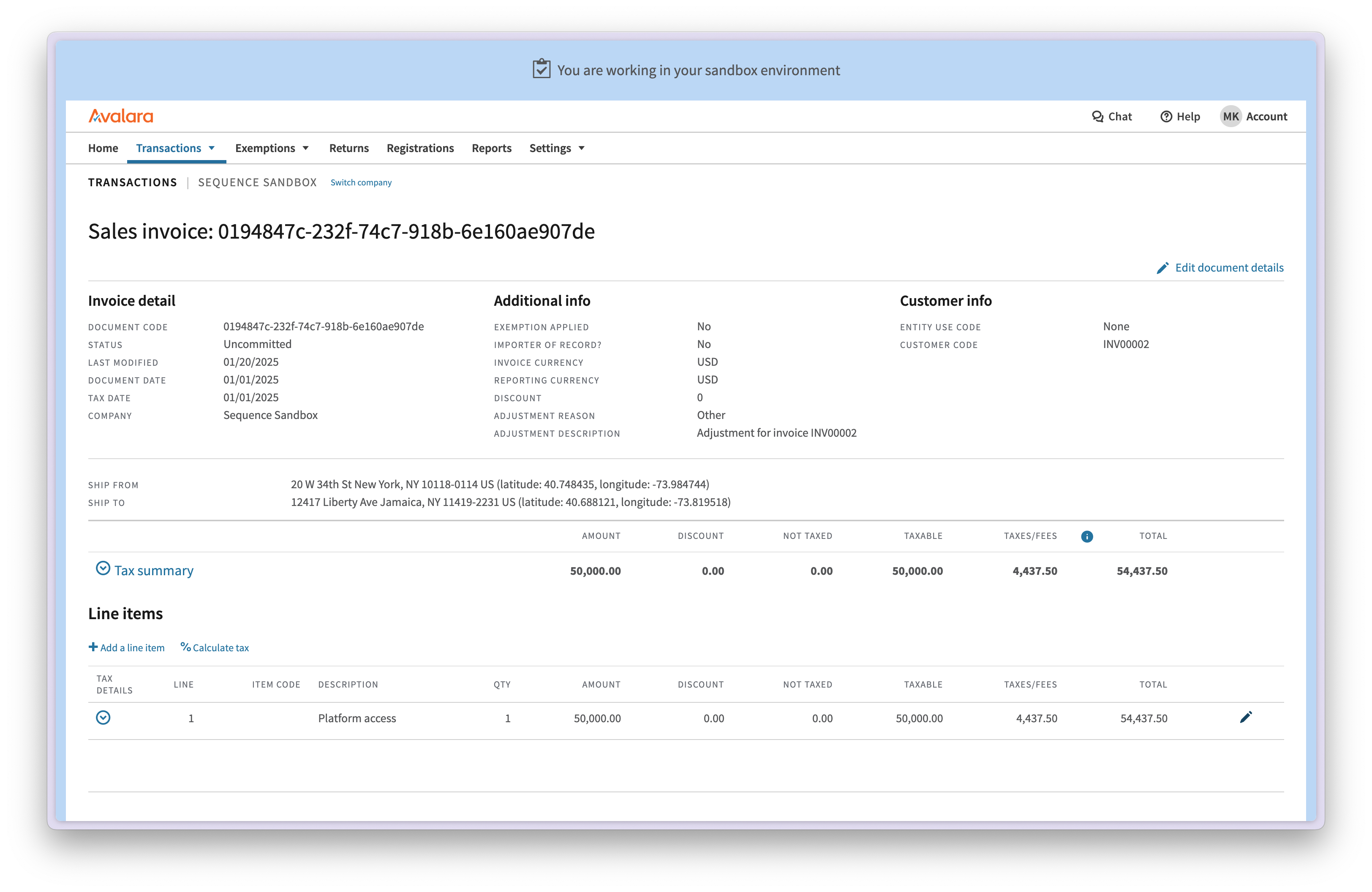 Avalara transaction details