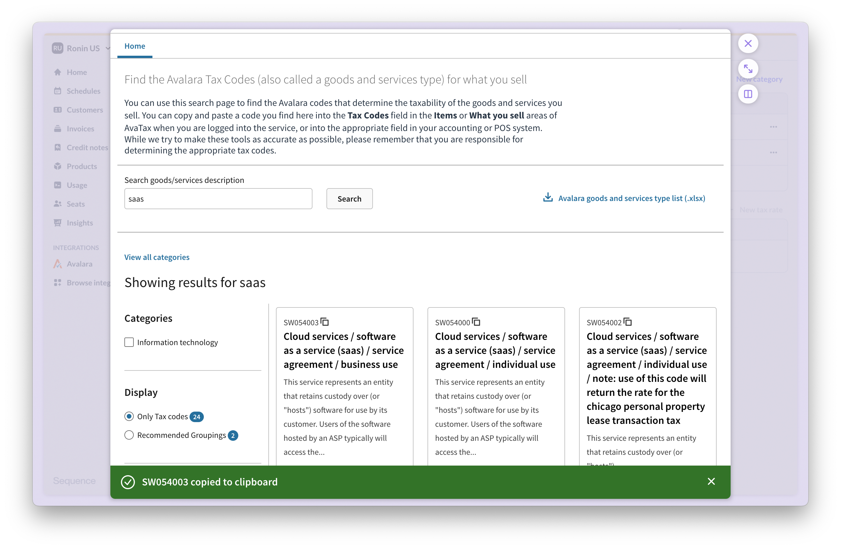 Tax codes in Avalara