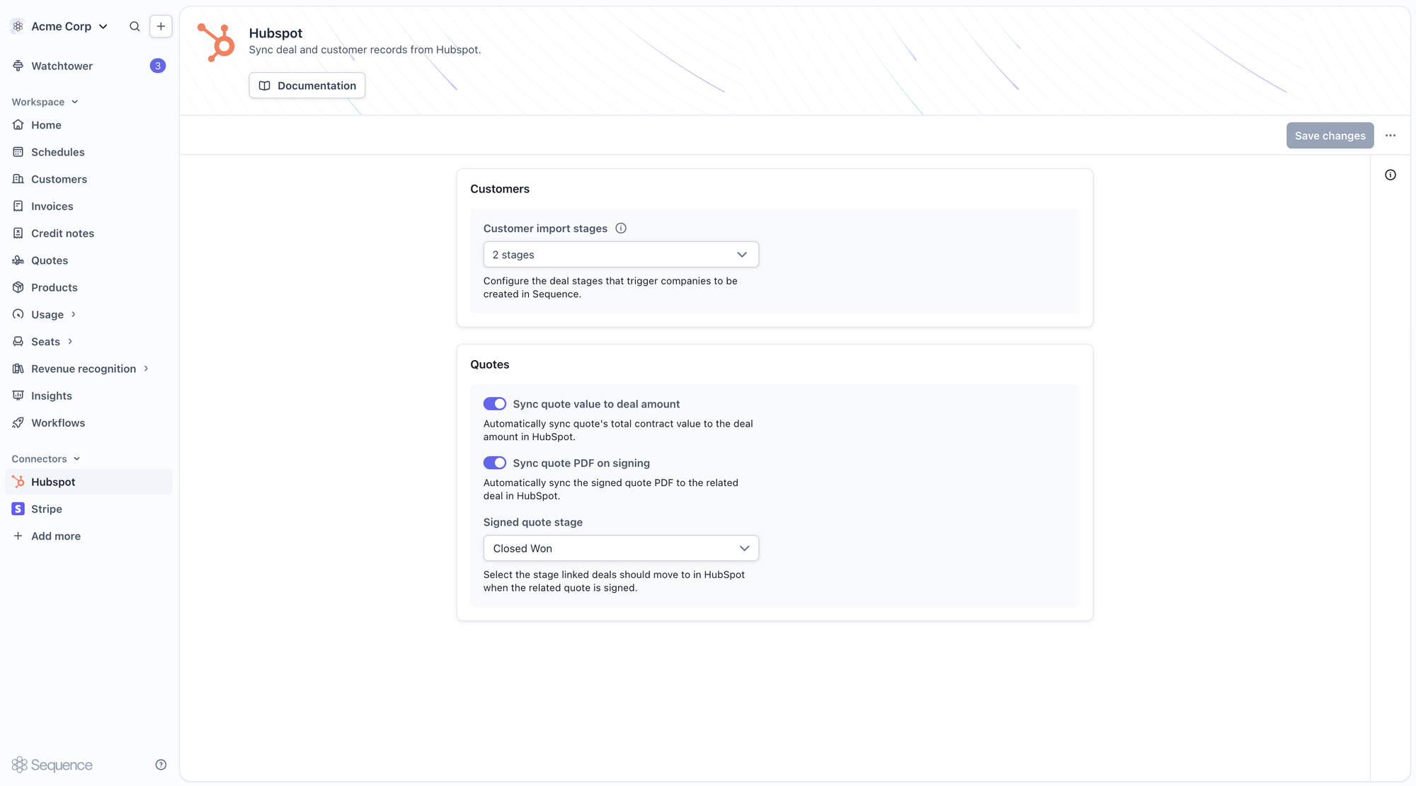 HubSpot connector settings, showing customer import stages, the deal amount sync toggle, signed quote stage, and the PDF sync toggle