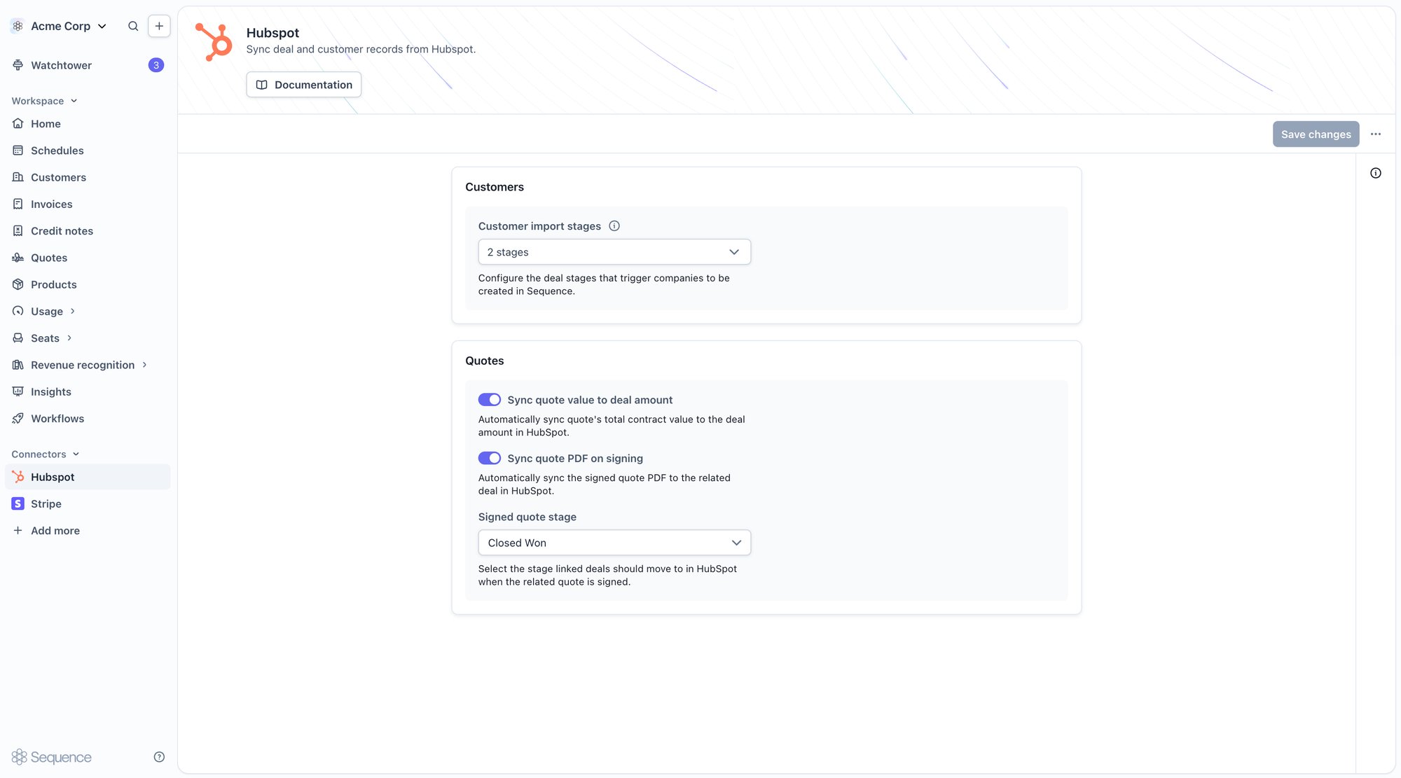 HubSpot connector settings, showing customer import stages, the deal amount sync toggle, signed quote stage, and the PDF sync toggle