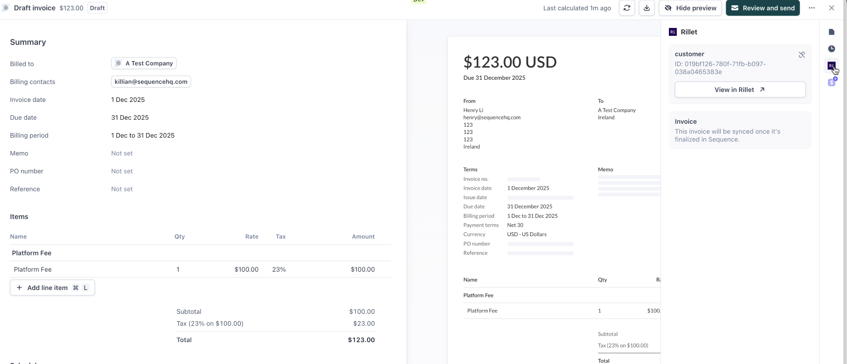Sequence invoice linked to Rillet