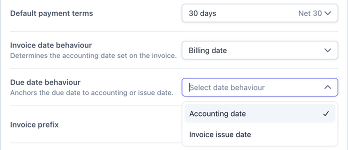 Due date behavior setting on the invoices settings page